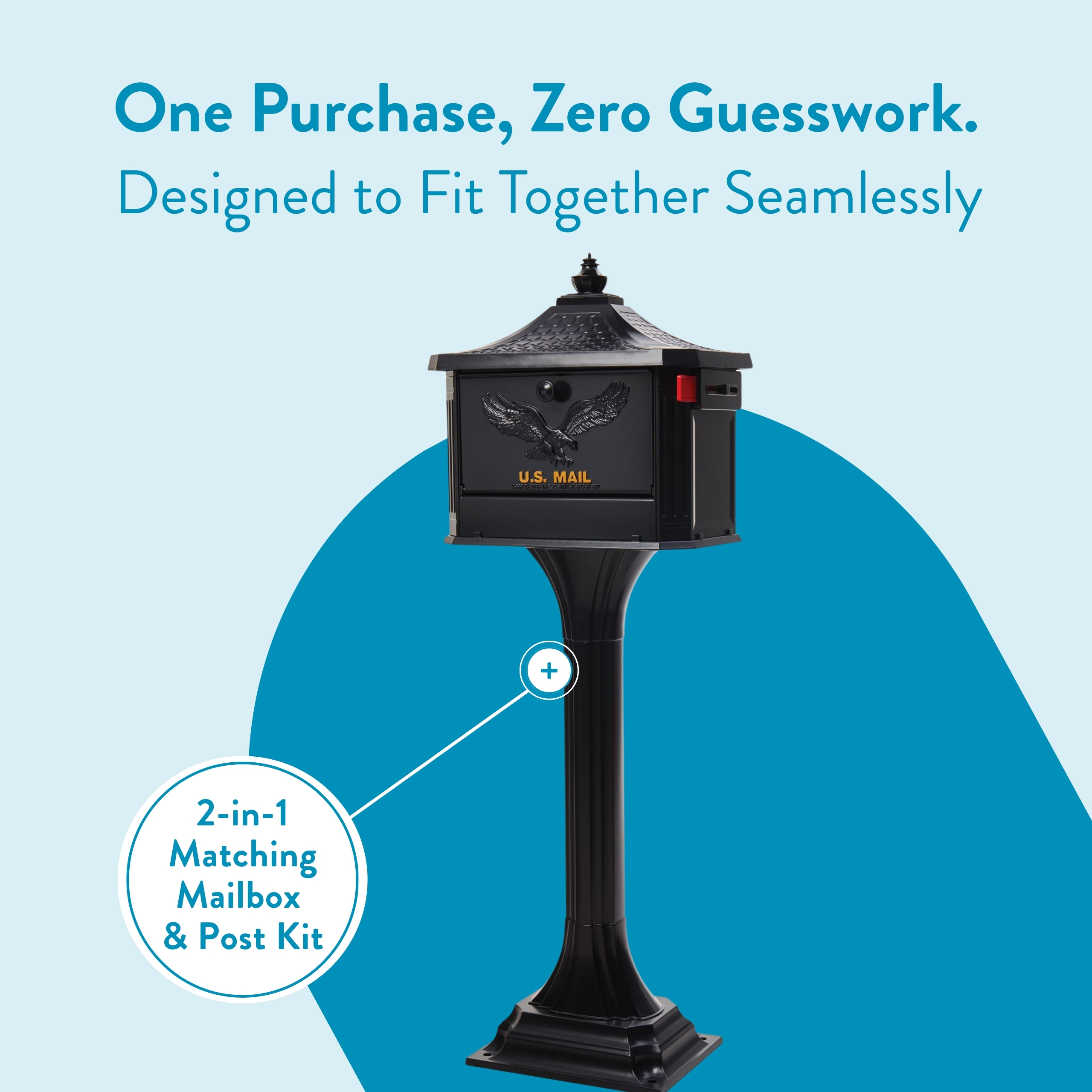 Advertisement banner showing a black U.S. Mail mailbox mounted on a post against a light blue background, with the headline 'One Purchase, Zero Guesswork. Designed to Fit Together Seamlessly' and a circular badge reading '2-in-1 Matching Mailbox & Post Kit'.
