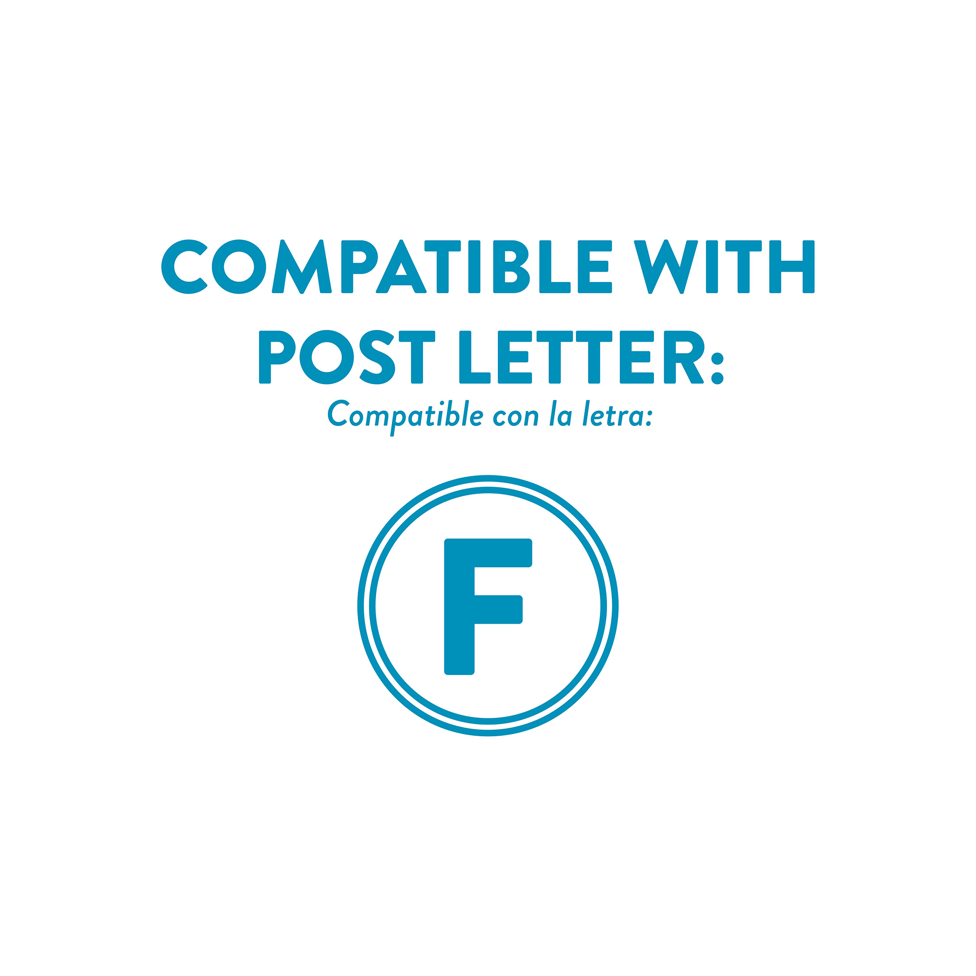 Text indicating compatibility with post letters, showing 'F' inside double circles (font compatibility badge).