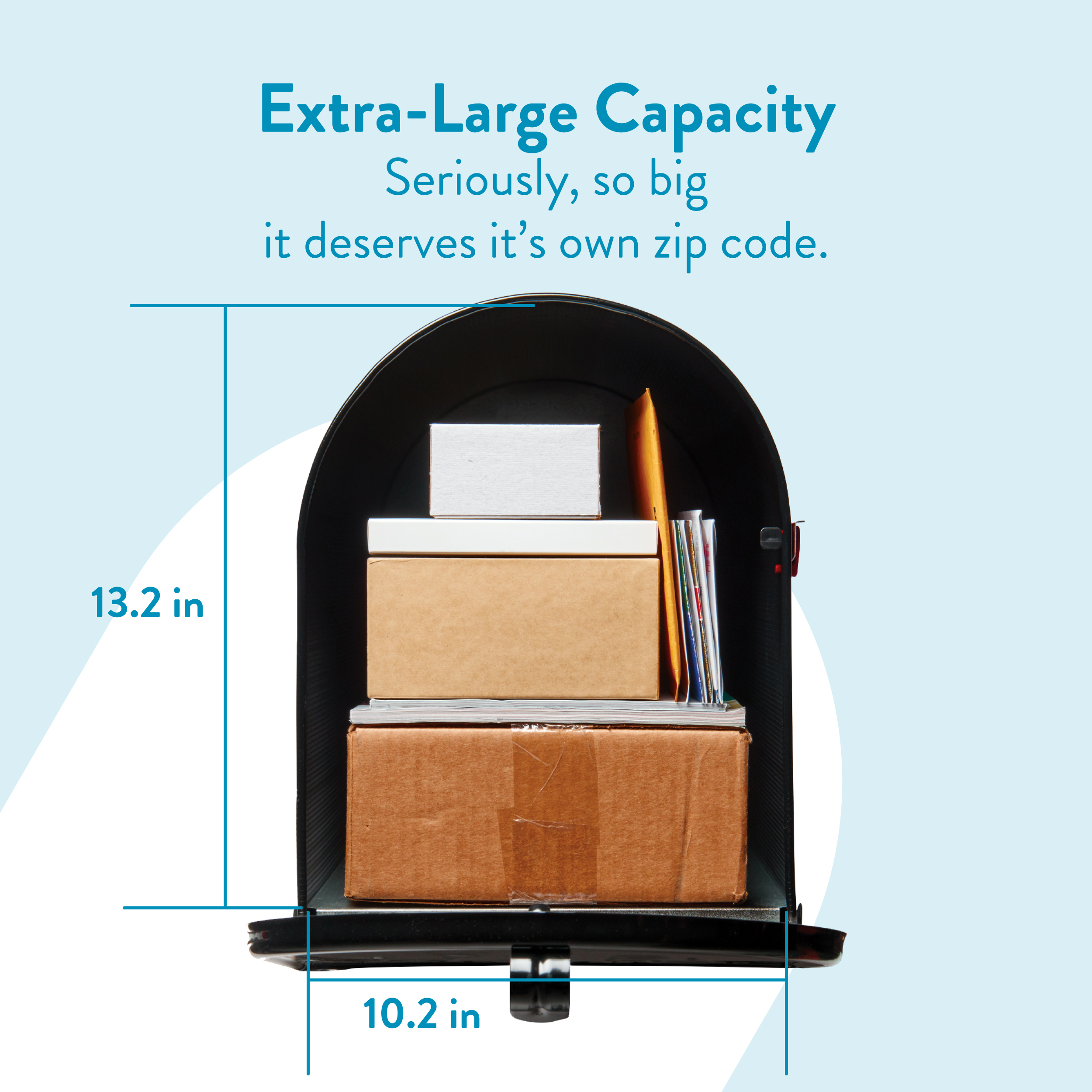 Black mailbox packed with stacked boxes and envelopes, advertising extra-large capacity for mail and packages.