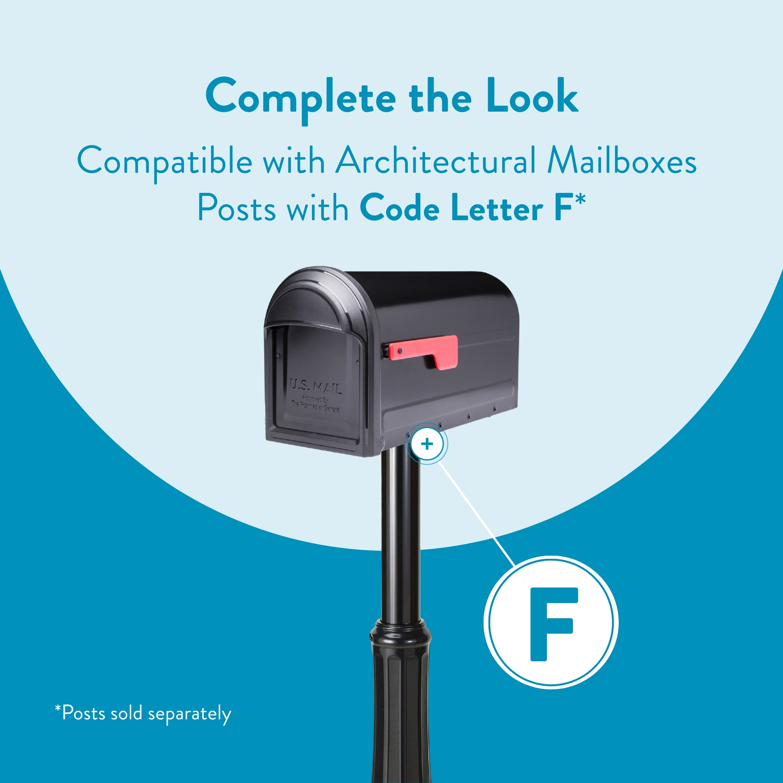 Black mailbox mounted on a post, labeled as compatible with Architectural Mailboxes posts—Code Letter F (Code F).