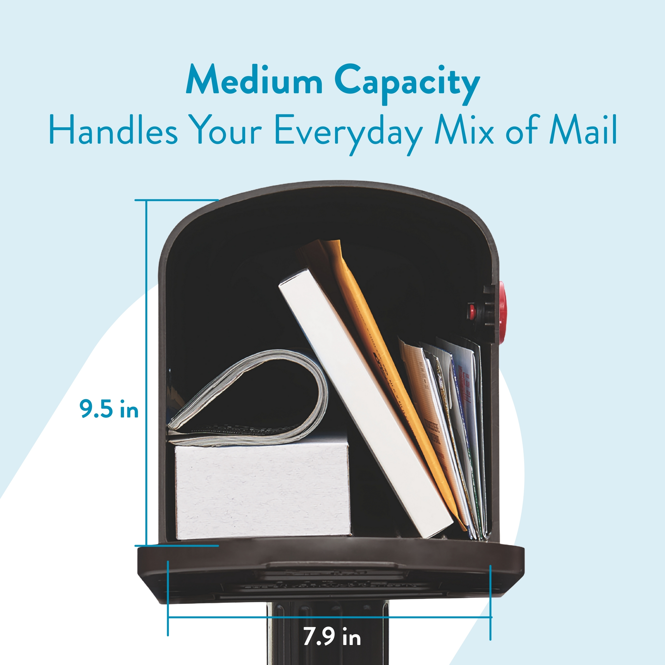 Medium-capacity mailbox bursting with mail and items, highlighting its size and storage capacity