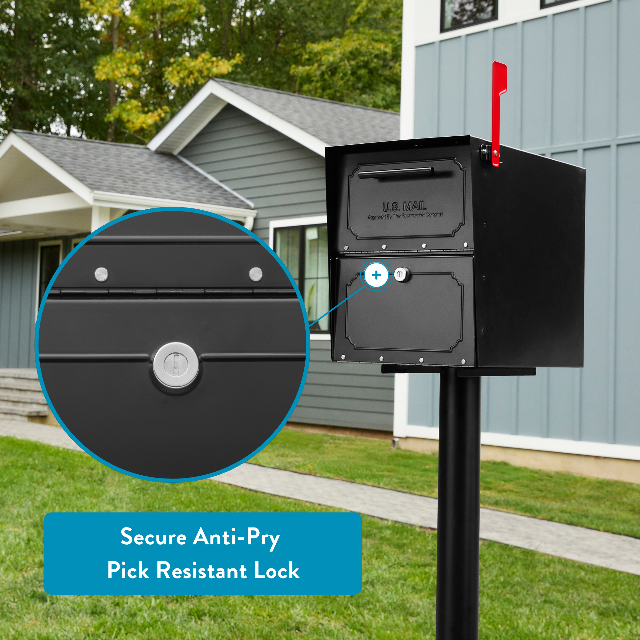 Close-up of a black curbside mailbox with a secure anti-pry pick-resistant lock on the door, highlighted by a magnified inset.