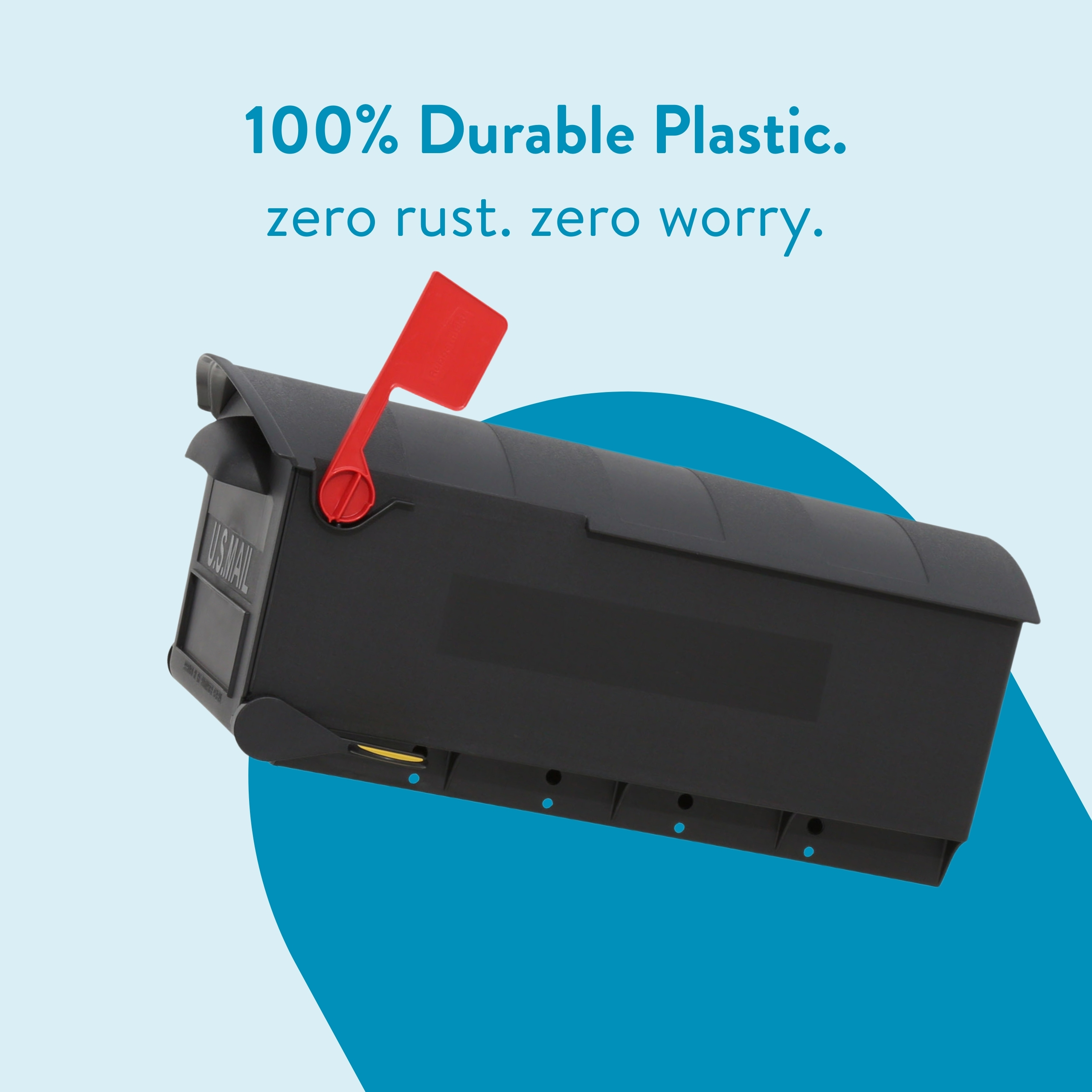 Printer toner cartridge with a red pull tab and bold blue text: 100% Durable Plastic. zero rust. zero worry.