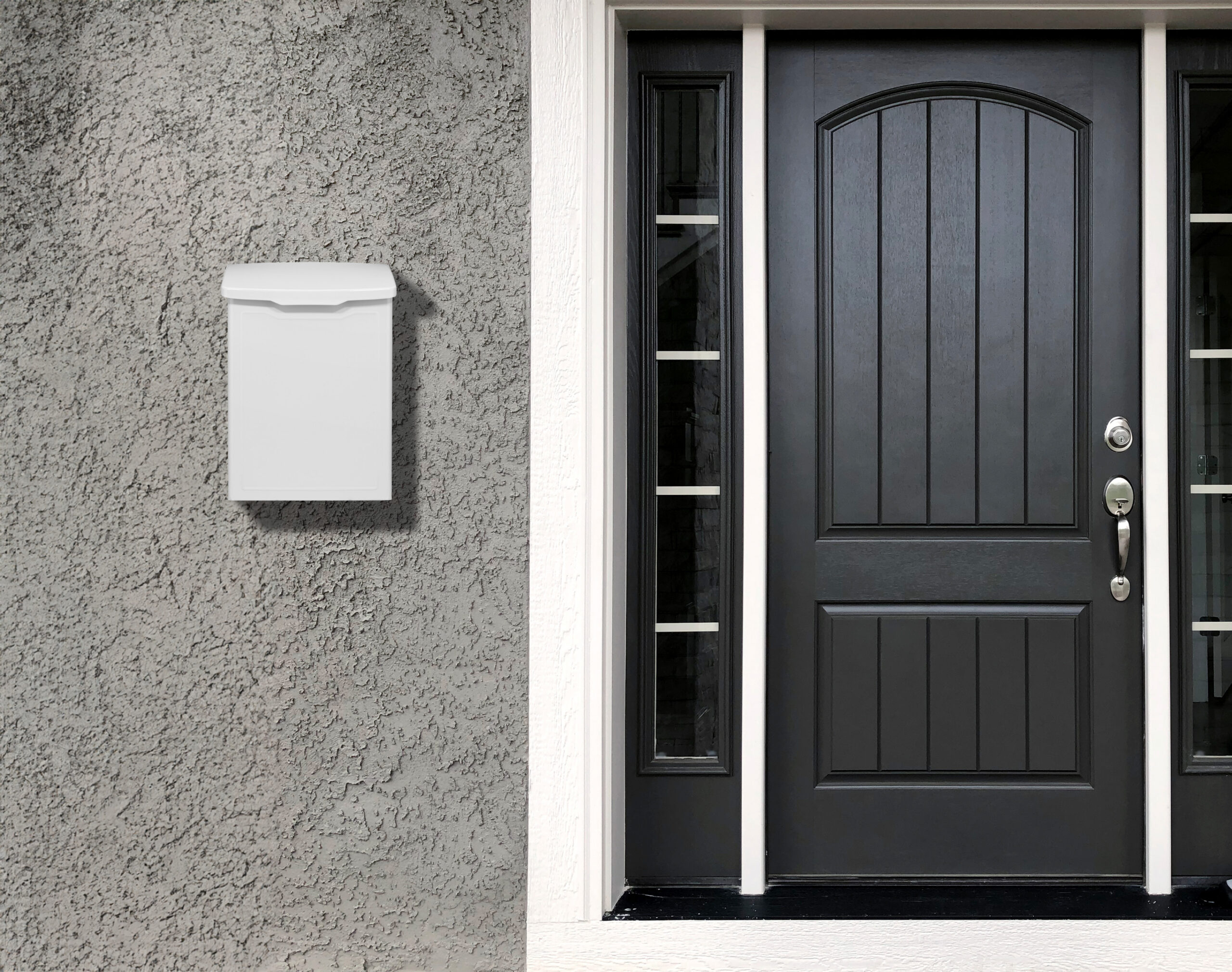 Front entry door with a dark panel and sidelights beside a white textured wall and mailbox mounted on the left.