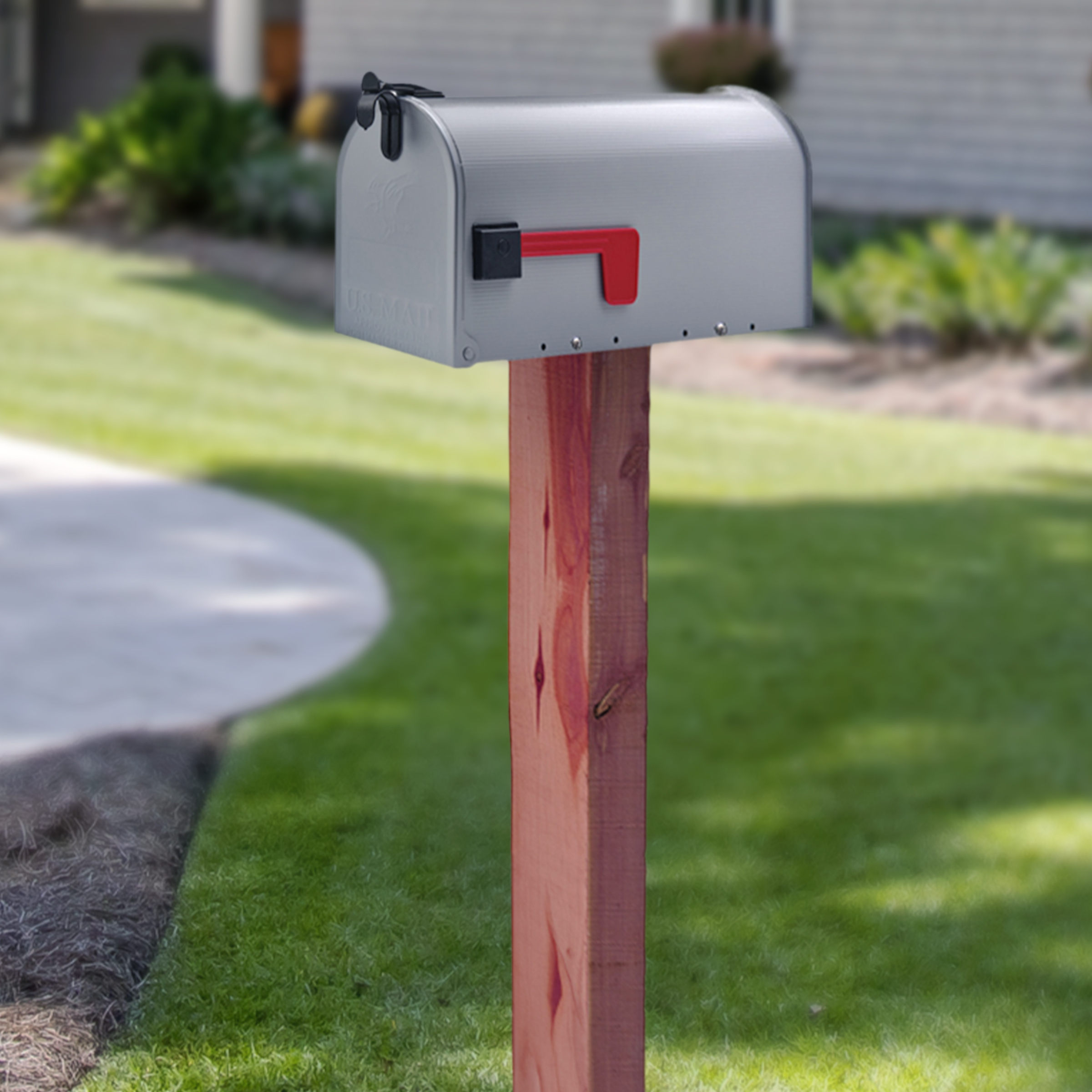 Gray roadside mailbox mounted on a wooden post in a suburban front yard
