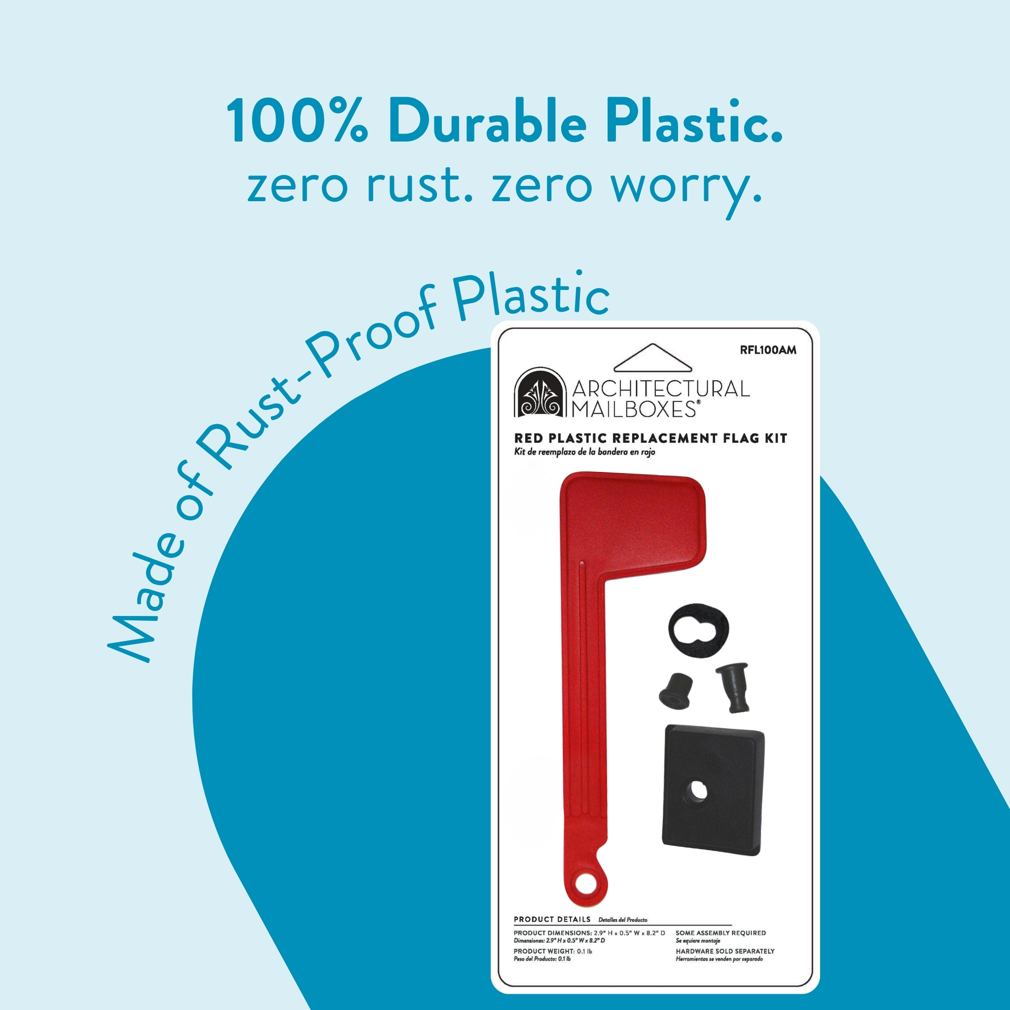 Promotional graphic advertising 100% durable, rust-proof plastic and a red plastic replacement flag kit image.