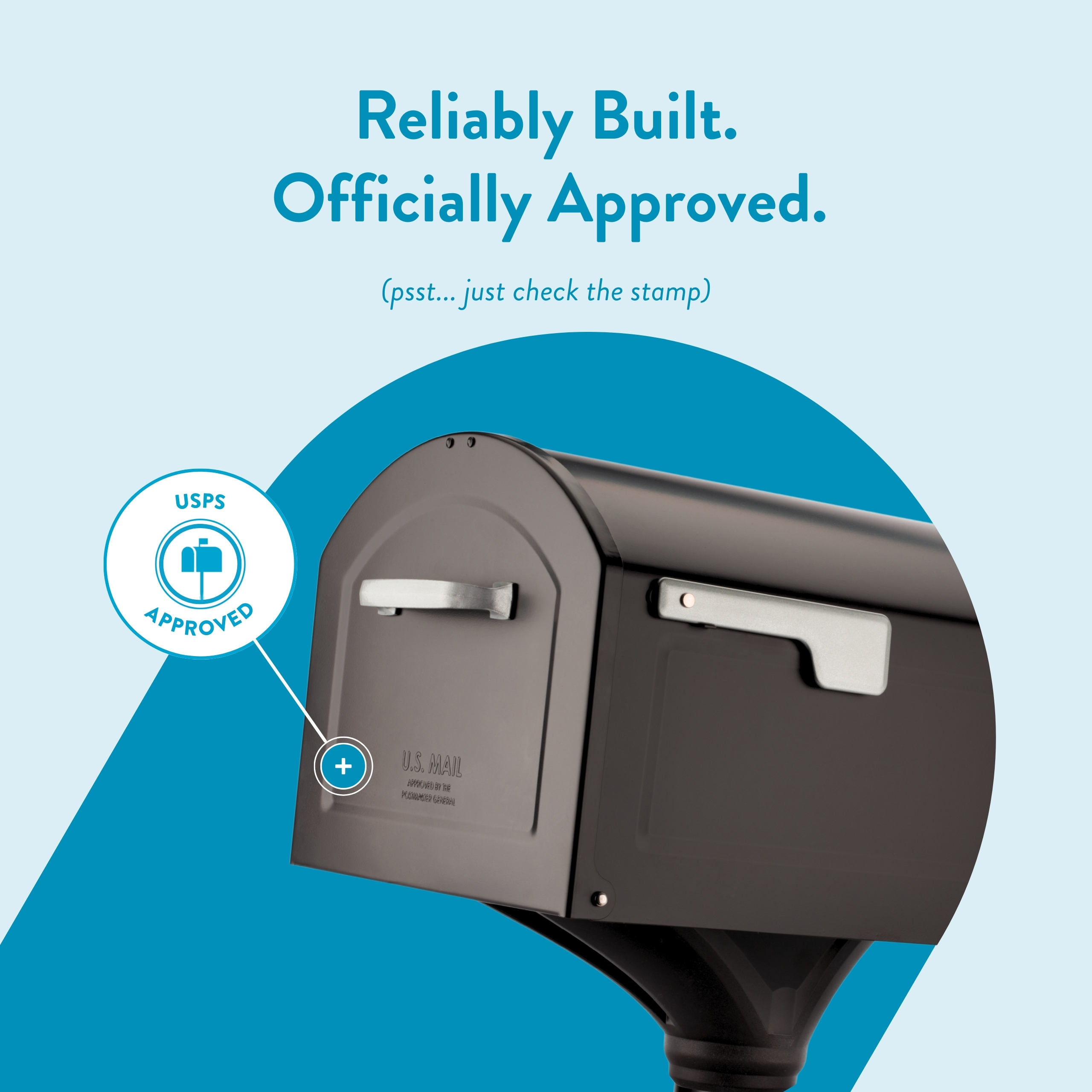 Poster-style graphic reading 'Reliably Built. Officially Approved.' with a USPS-approved stamp beside a mailbox to convey approval.