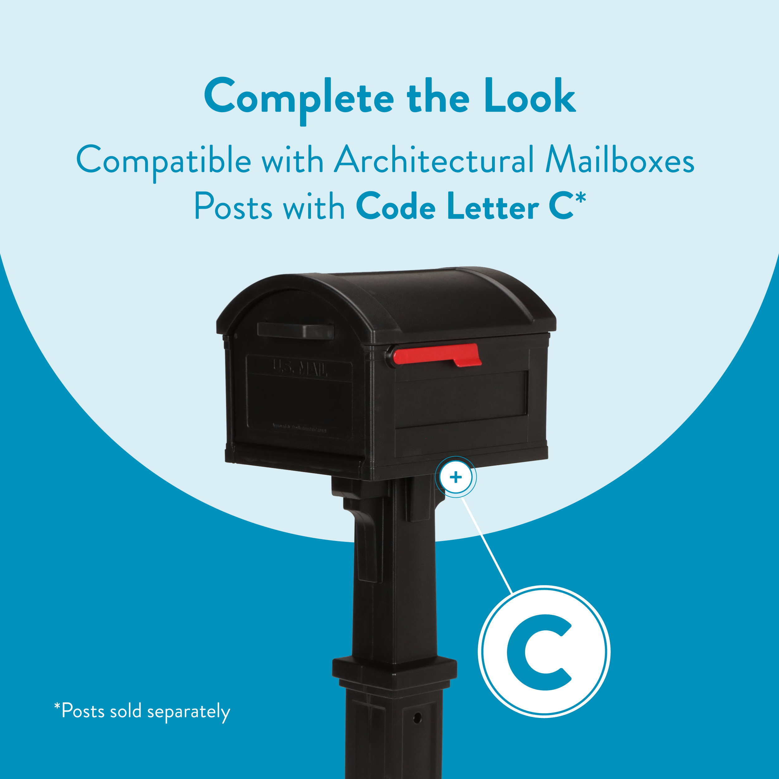 Advertising graphic showing a black mailbox on a post with a blue background, promoting compatibility with Code Letter C posts for Architectural Mailboxes sold separately by design.