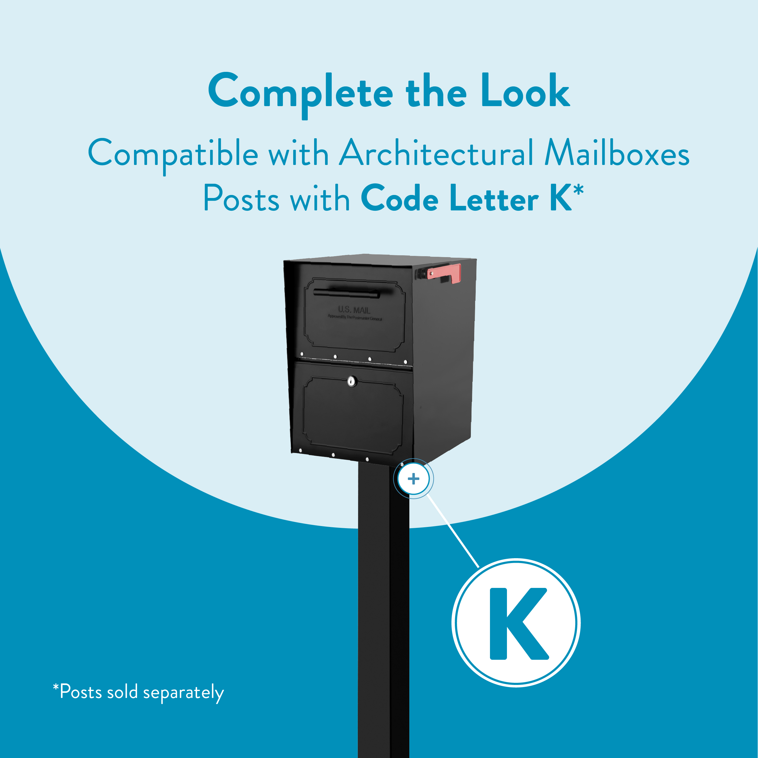 Black mailbox mounted on a post with a circular blue 'K' badge, promoting Code Letter K compatibility against a blue background.