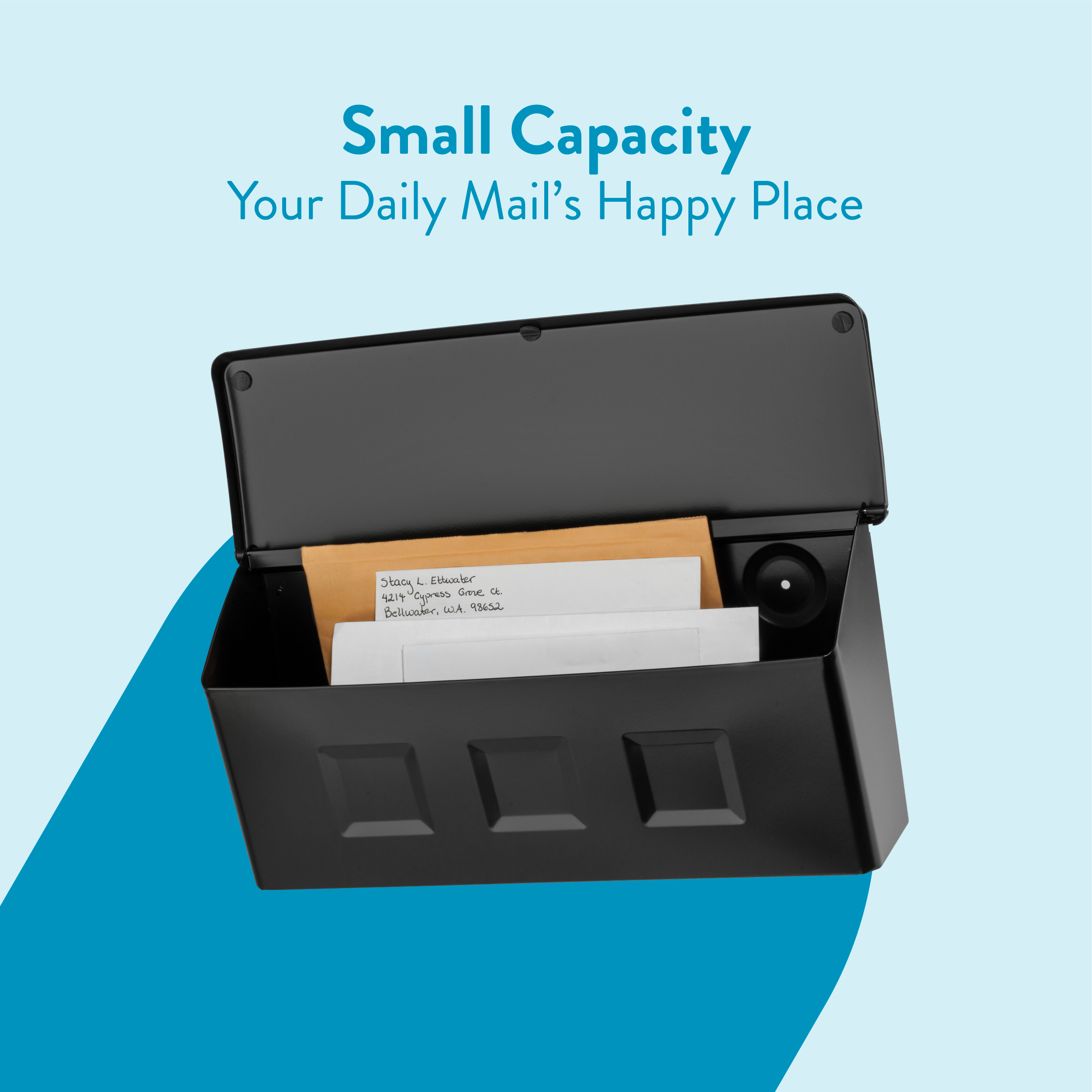 Compact black small-capacity mail organizer open with envelopes inside, against a light blue background, advertising daily mail storage
