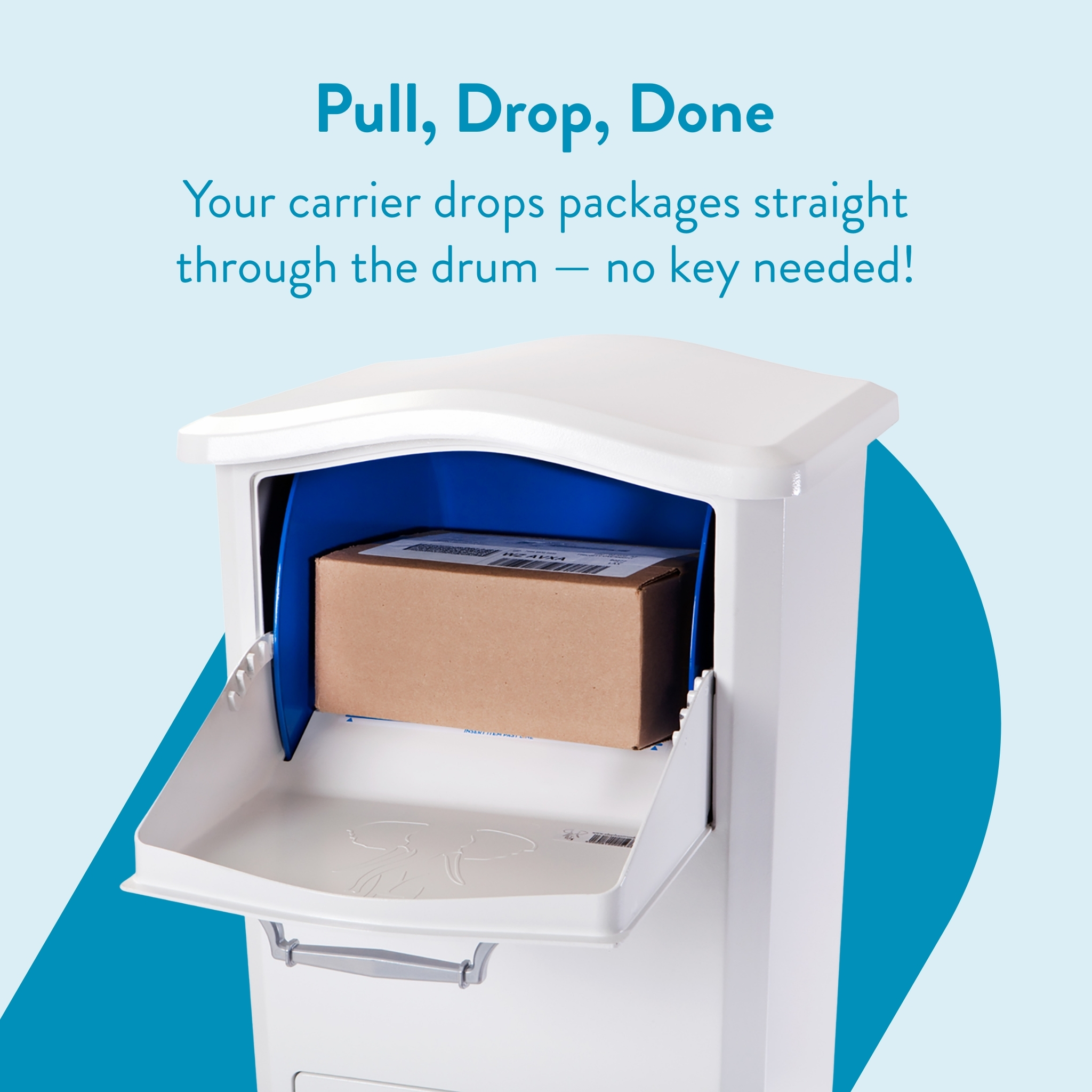 White package drop box with a brown cardboard parcel inside, set against a light blue background with promotional text above.