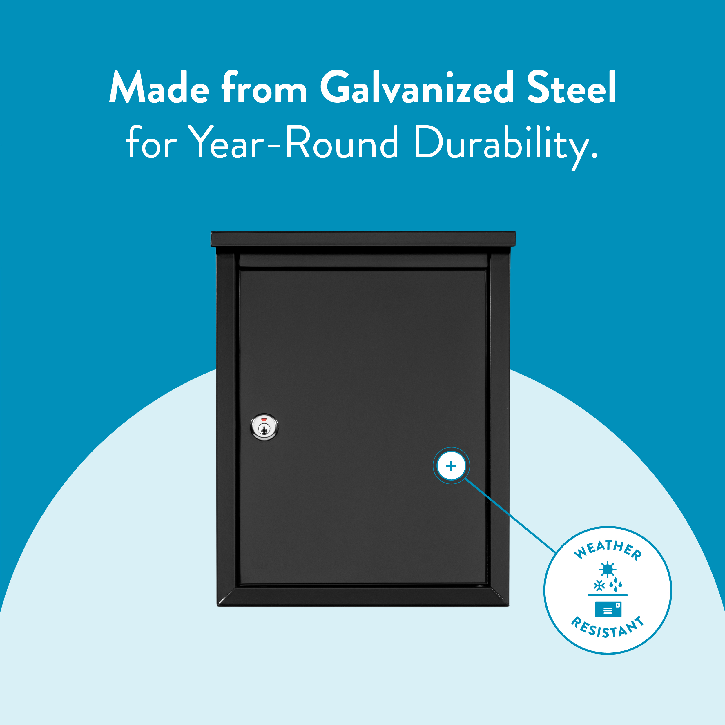 Black galvanized-steel mailbox on a blue background with a circular Weather Resistant badge in the corner and the words 'Made from Galvanized Steel for Year-Round Durability.' displayed above.