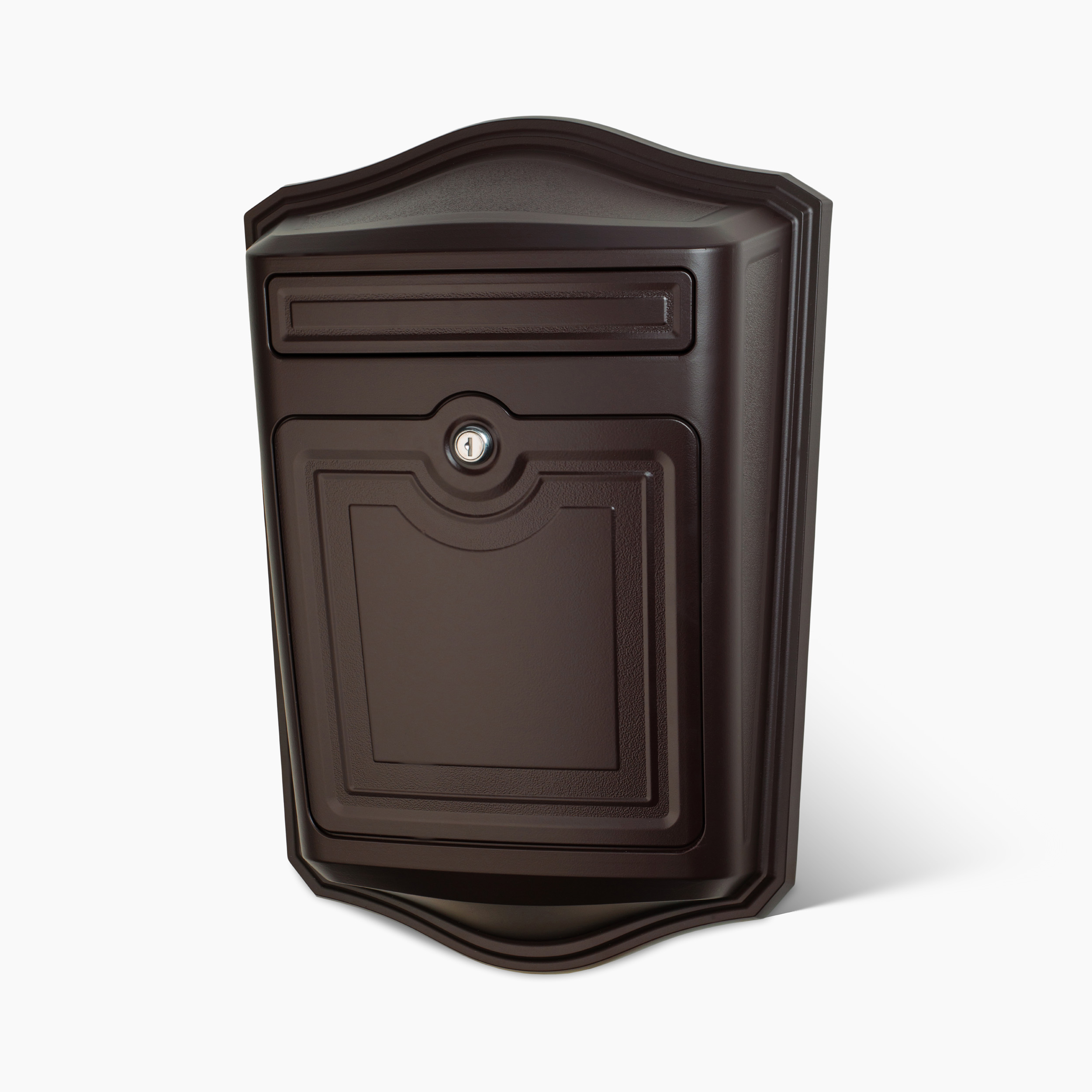 Dark brown ornate wall-mounted mailbox with a letter slot and a small lock, decorative frame.