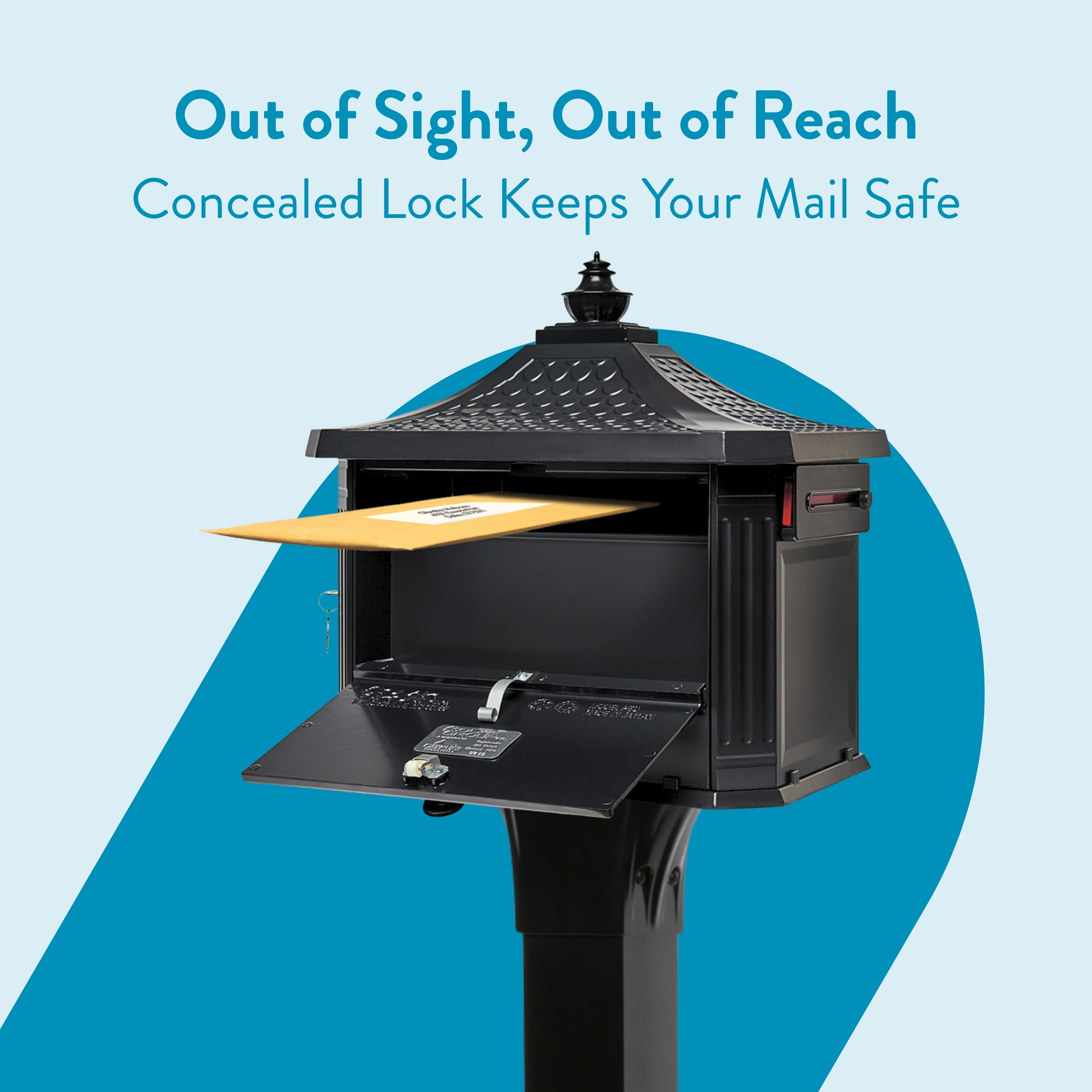 Post-mounted black mailbox with an envelope partially inserted, set against a light blue backdrop with the slogan 'Out of Sight, Out of Reach'.