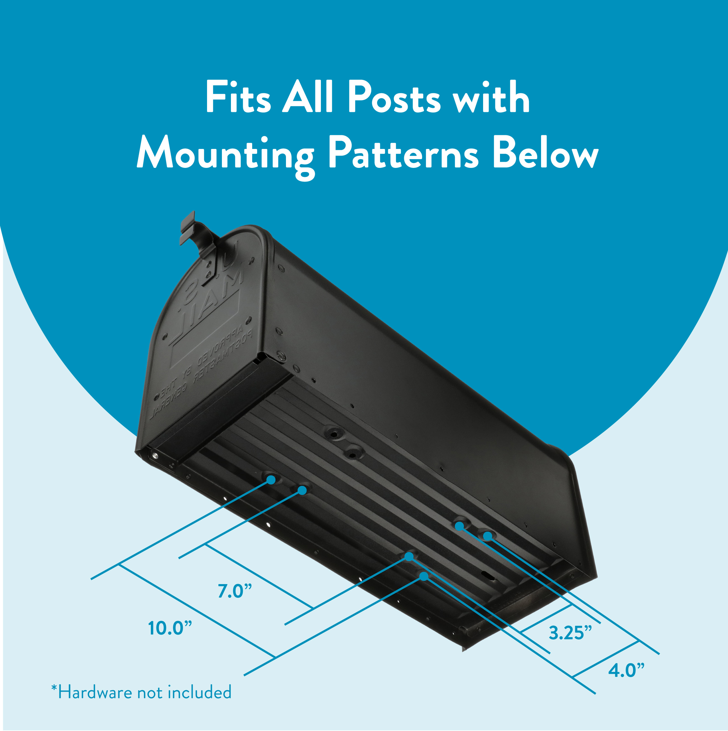 Black mounting box with blue dimension lines showing 7.0", 10.0", 3.25", and 4.0" patterns; note: hardware not included.
