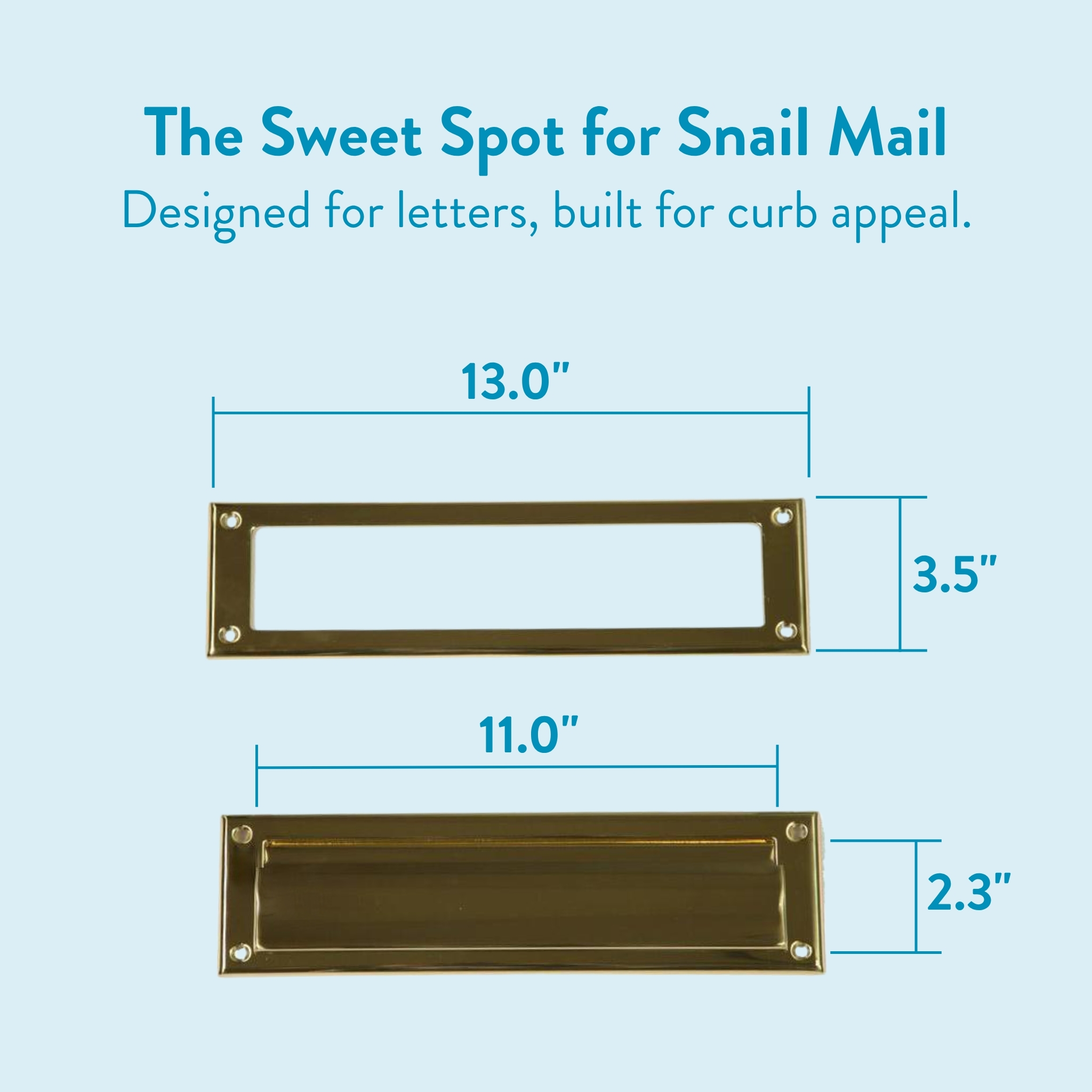 Brass letter plate with two slot openings and blue dimension labels showing 13.0" by 3.5" and 11.0" by 2.3" against a light blue background.