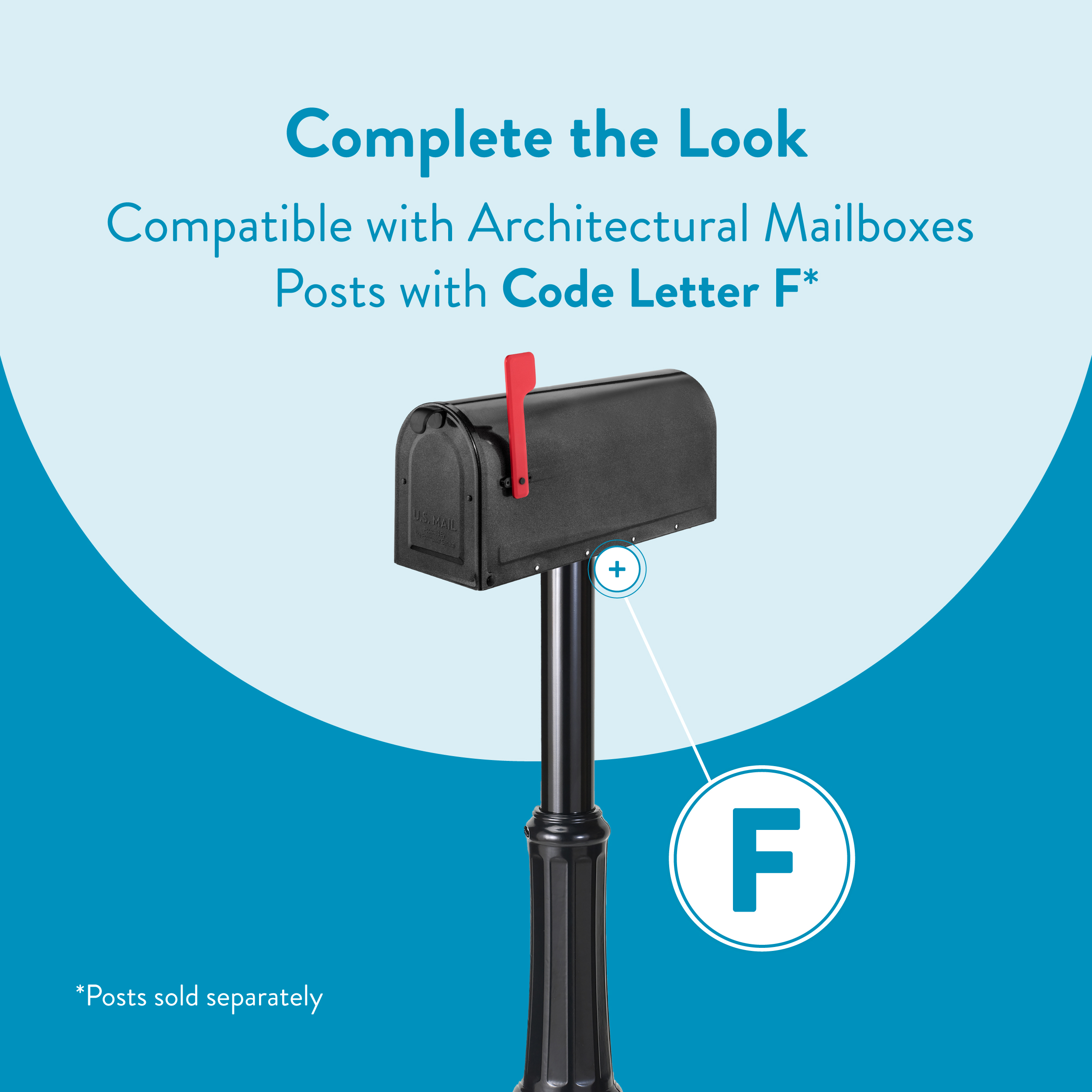 Graphic promoting mailbox compatibility: black mailbox on a post with a red flag, labeled Code Letter F for Architectural Mailboxes posts.