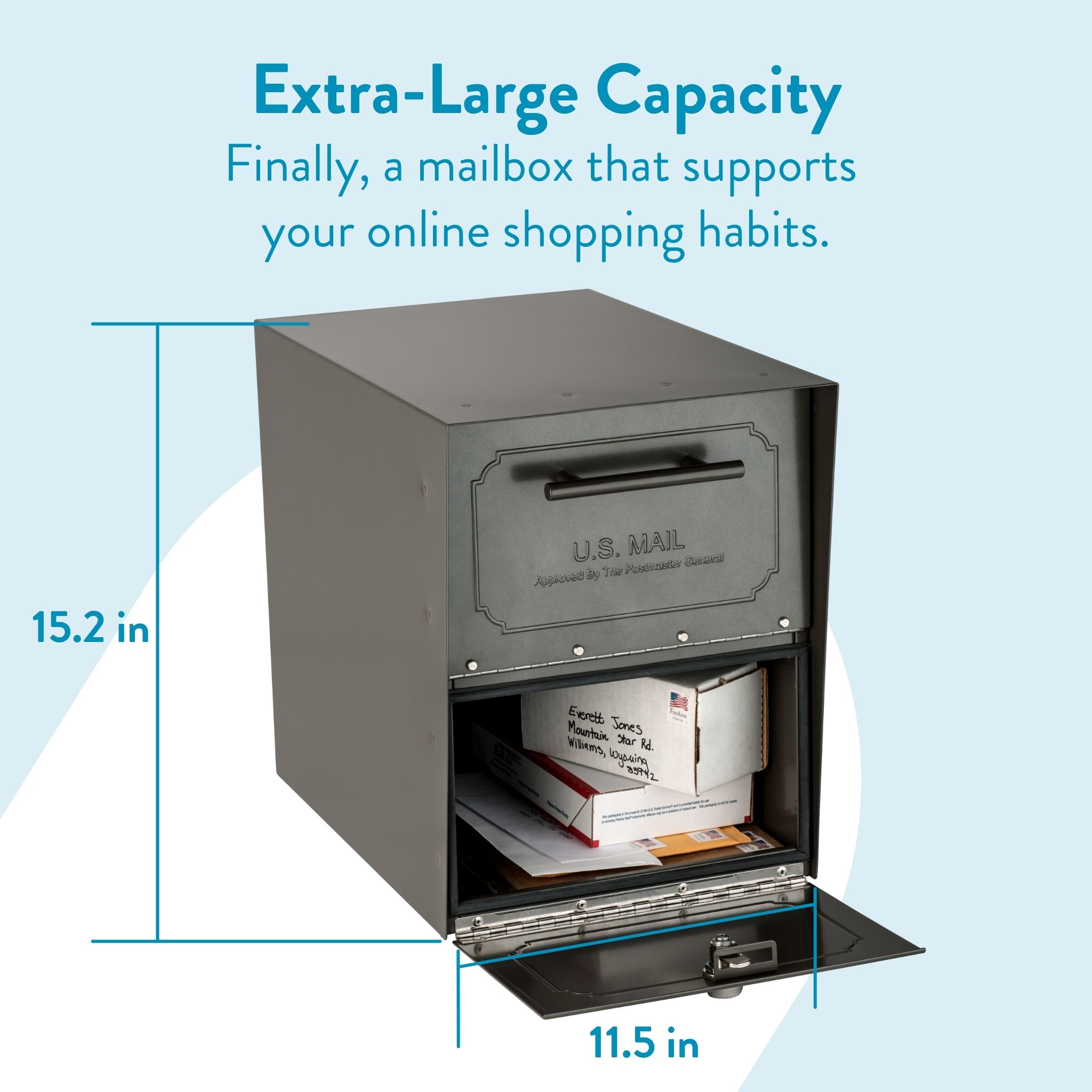 Infographic of an extra-large metal mailbox with bottom drawer open, showing 15.2 in tall and 11.5 in wide.