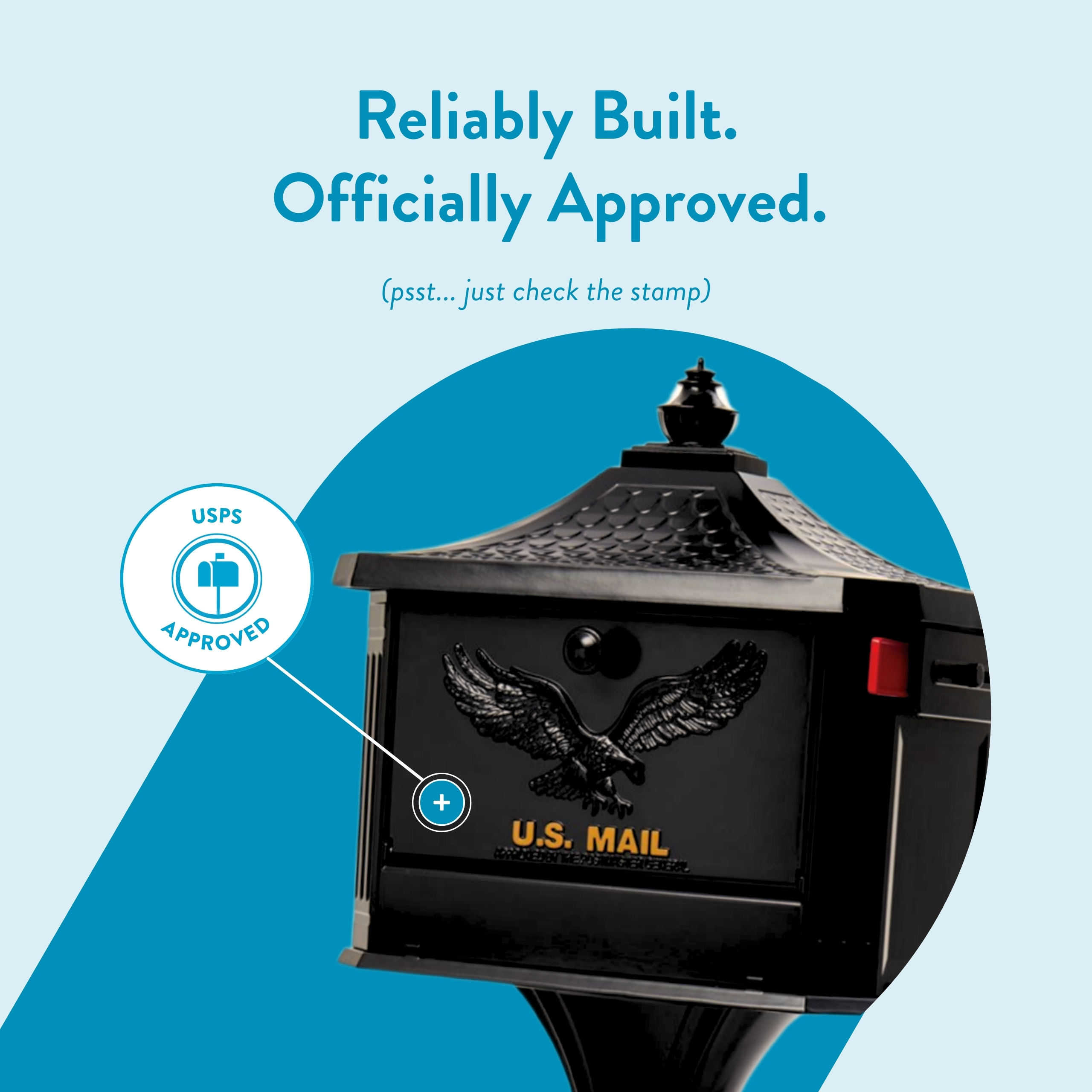 Promotional graphic featuring a black U.S. Mail mailbox, a blue 'USPS Approved' seal, and the caption 'Reliably Built. Officially Approved.'