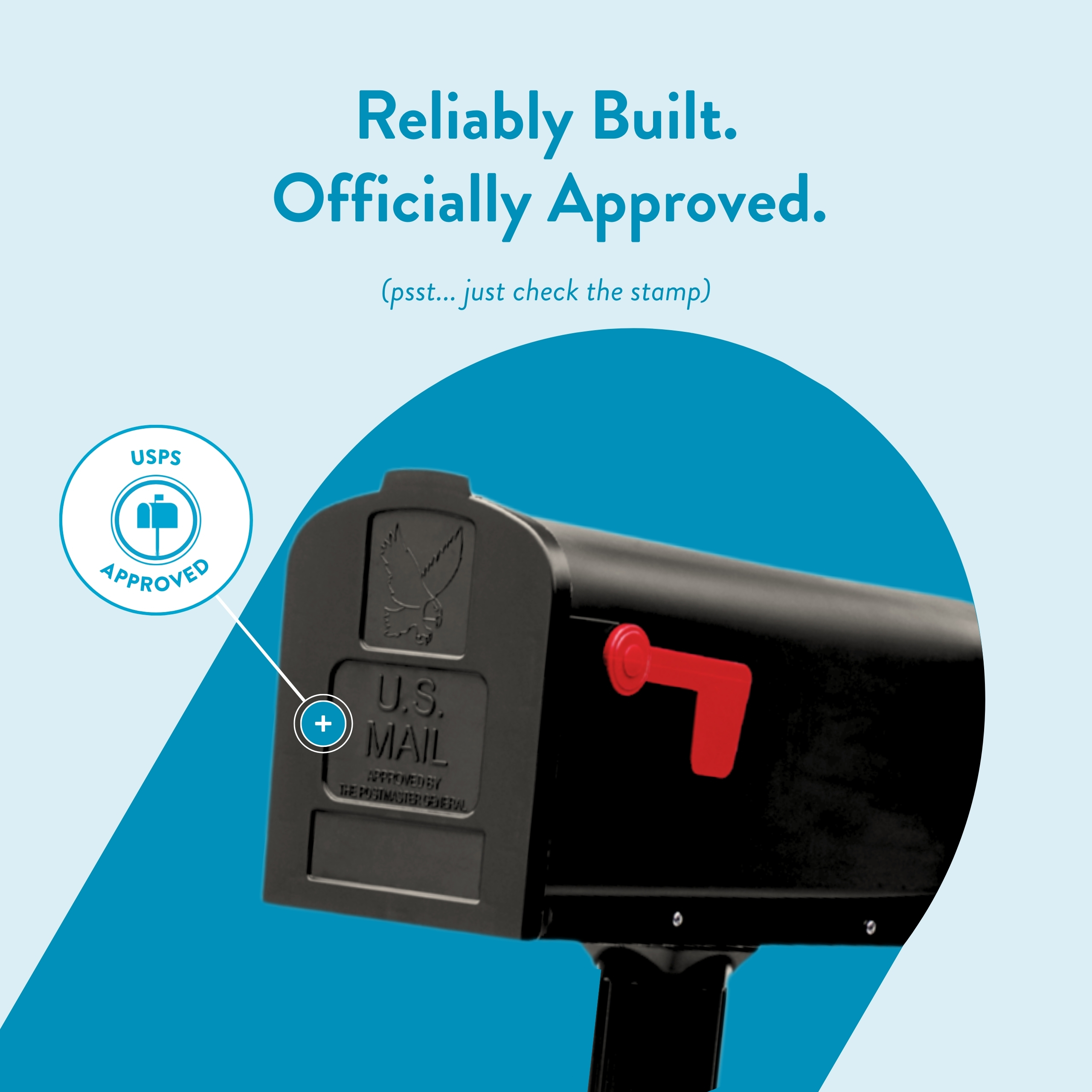 Promotional image of a black U.S. Mail mailbox with a red flag, blue circular shapes, and a USPS Approved badge reading 'Reliably Built. Officially Approved.'