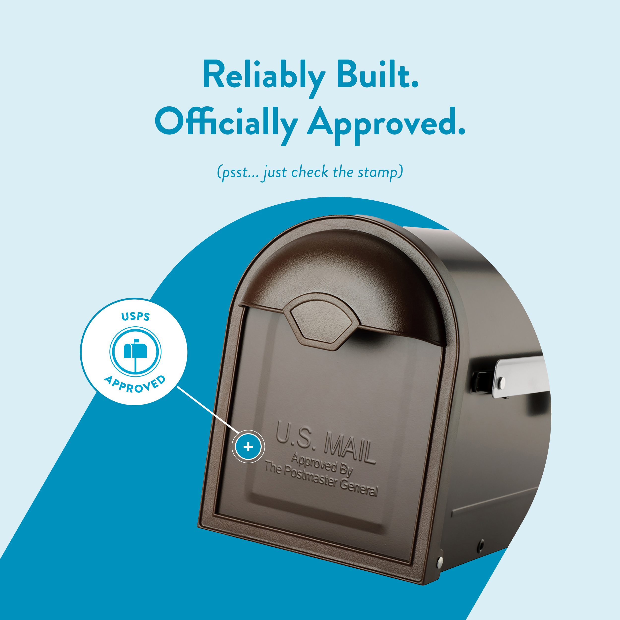 Graphic with a mailbox and a USPS Approved seal; headline reads ‘Reliably Built. Officially Approved.’