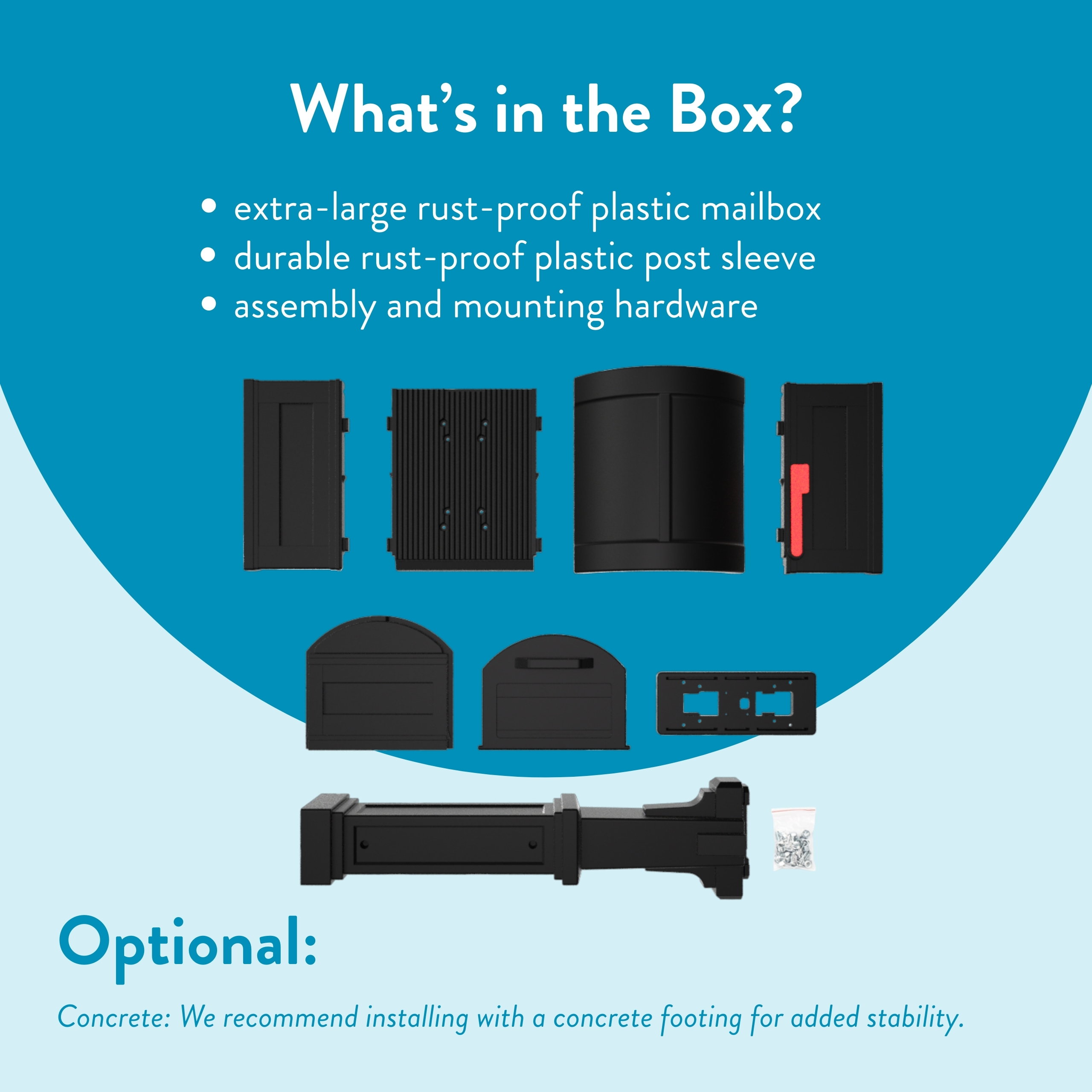 Infographic showing contents of a mailbox mounting kit: assorted black plastic parts and hardware laid out on a blue background with a 'What’s in the Box?' heading.