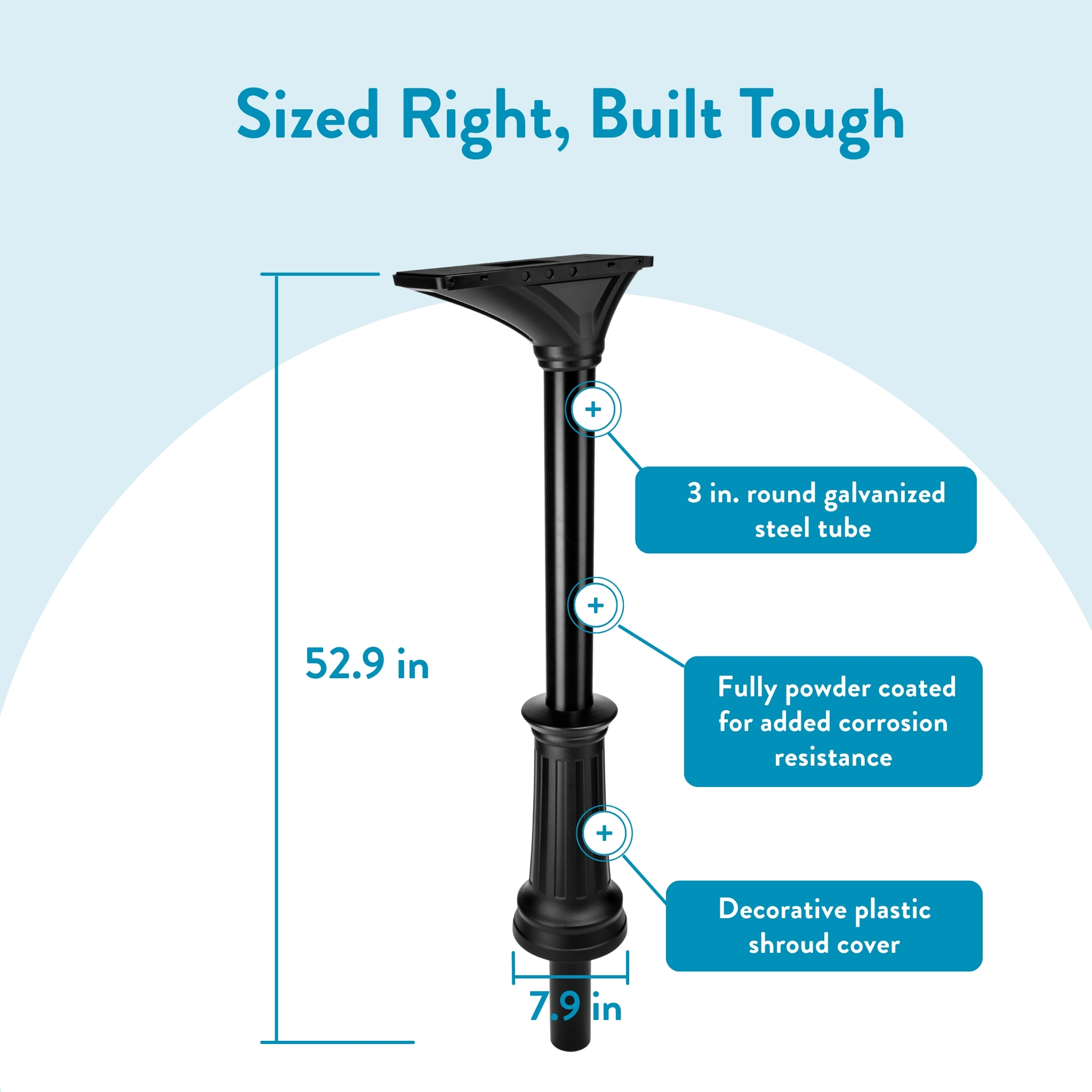Infographic of a tall black post with blue measurement lines: height 52.9 inches and width 7.9 inches, highlighting a 3-inch round galvanized steel tube, powder-coated finish for corrosion resistance, and a decorative plastic shroud cover.