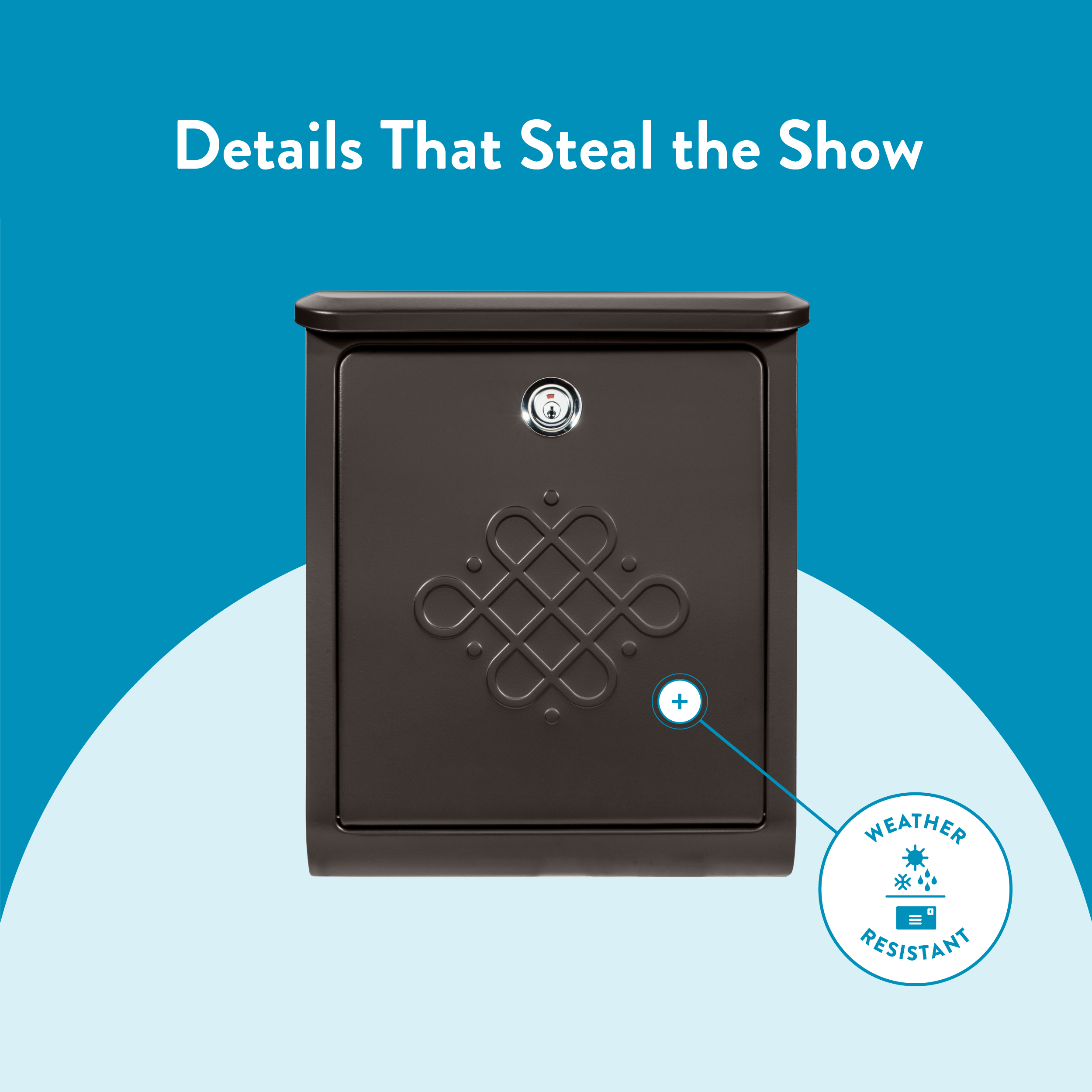 Brown outdoor mailbox on a teal background, with a circular Weather Resistant badge highlighting the feature.