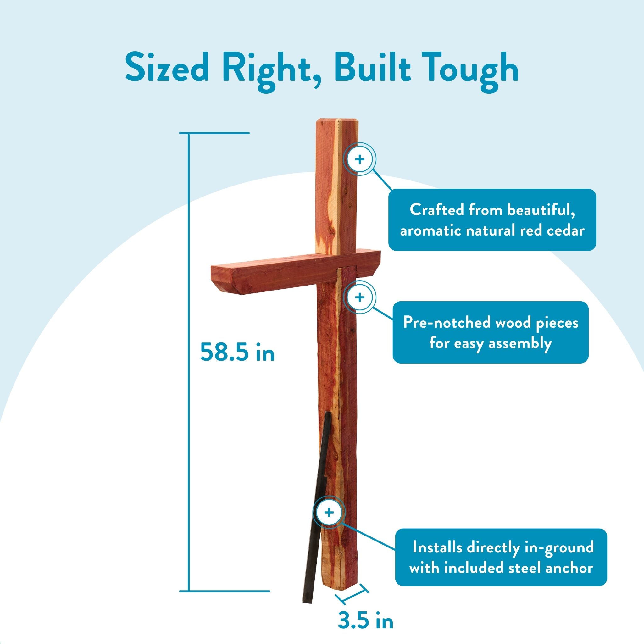 Tall wooden cross/monument post made of red cedar, 58.5 inches tall, 3.5 inches wide at the base, with notched crossbeam sections and labels highlighting cedar material, pre-notched assembly, and in-ground steel anchor installation.
