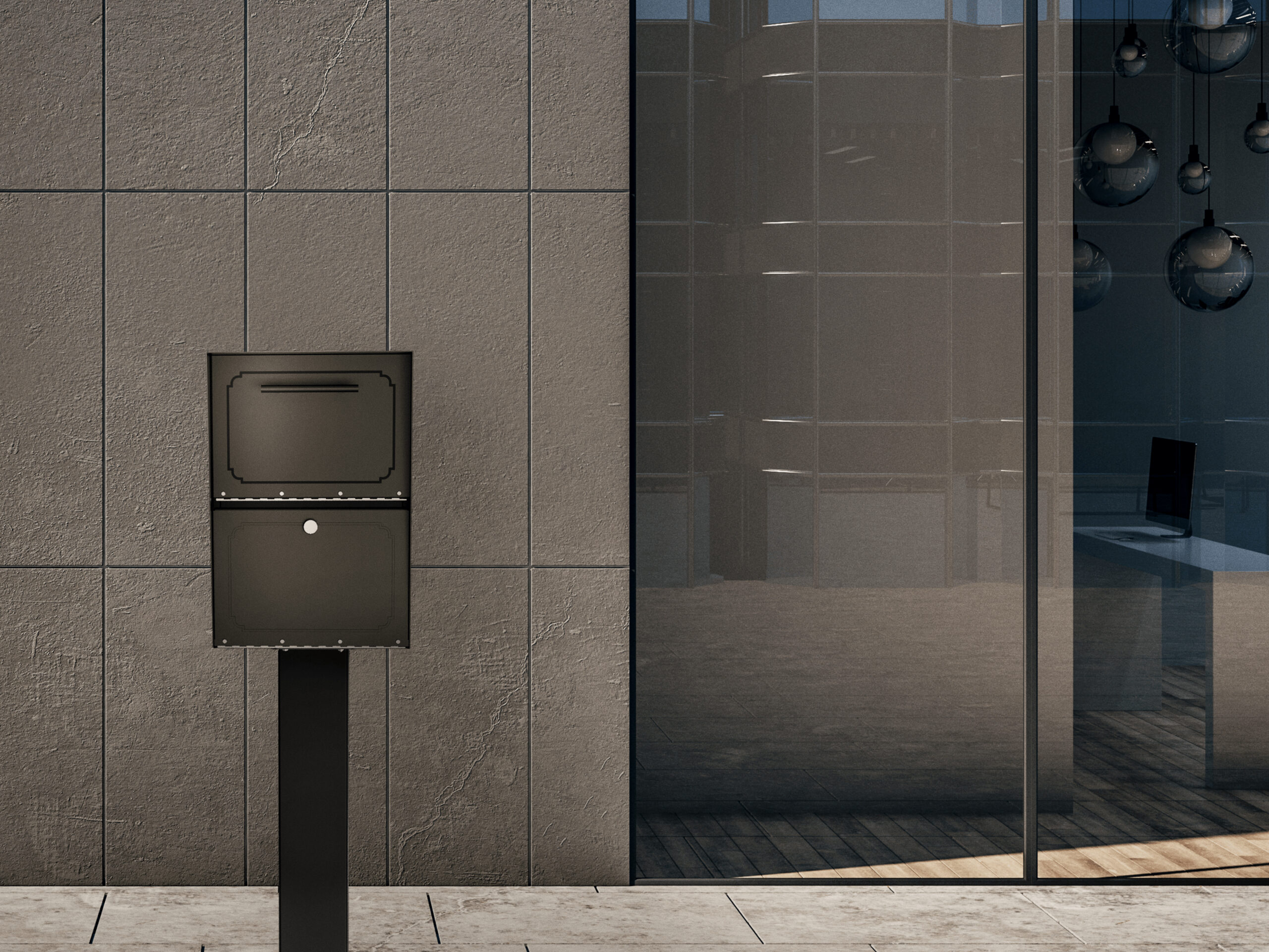 Black two-compartment mailbox on a pedestal mounted to a textured concrete wall, next to a large glass storefront showing an office interior.