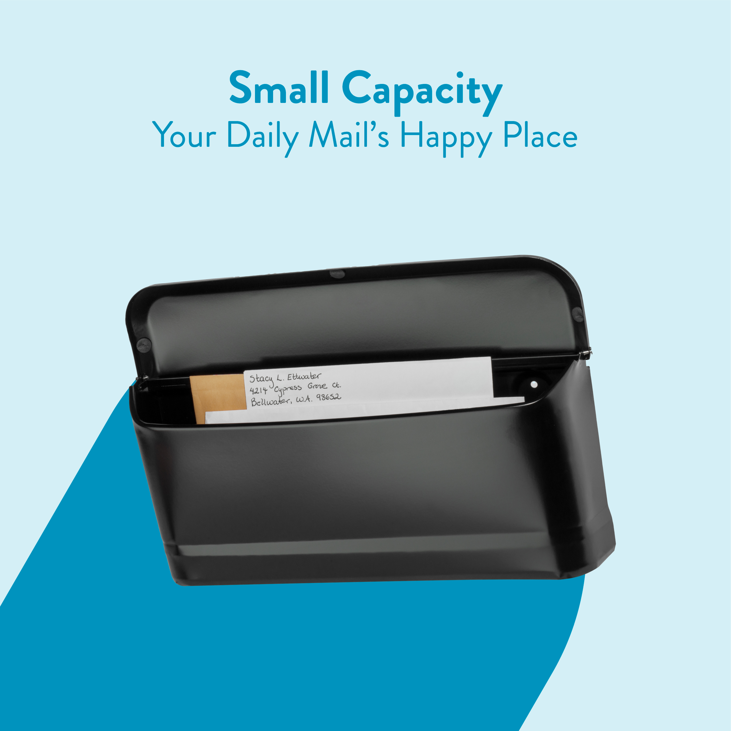 Black mail organizer with letters inside on a light blue background with teal shapes behind it.