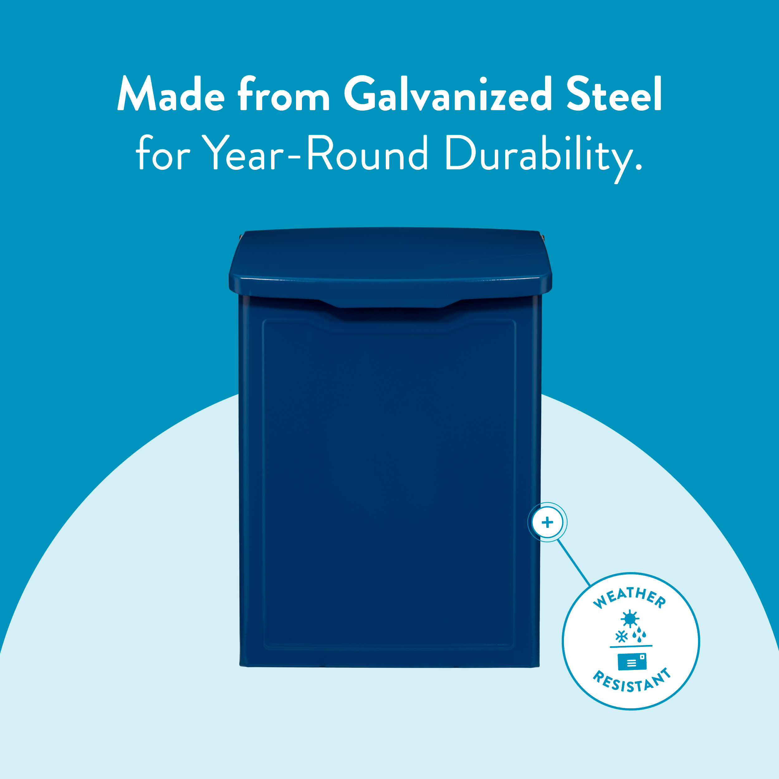 Blue galvanized-steel trash can on a teal background with the caption 'Made from Galvanized Steel for Year-Round Durability' and a weather-resistant badge nearby.