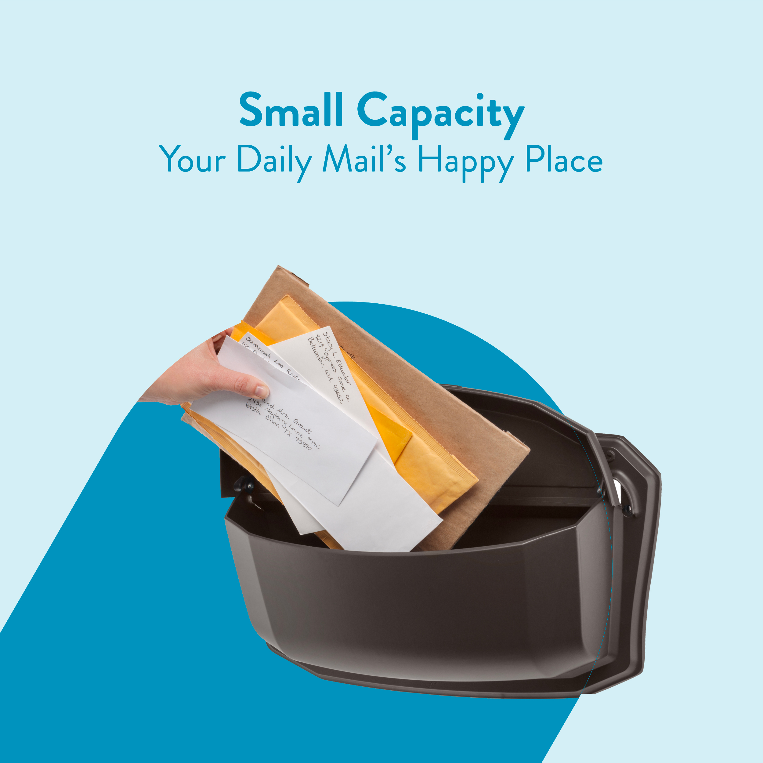 Compact mail bin overflowing with envelopes, set against a light blue background with a teal curved shape behind it, signifying small-capacity mail storage.