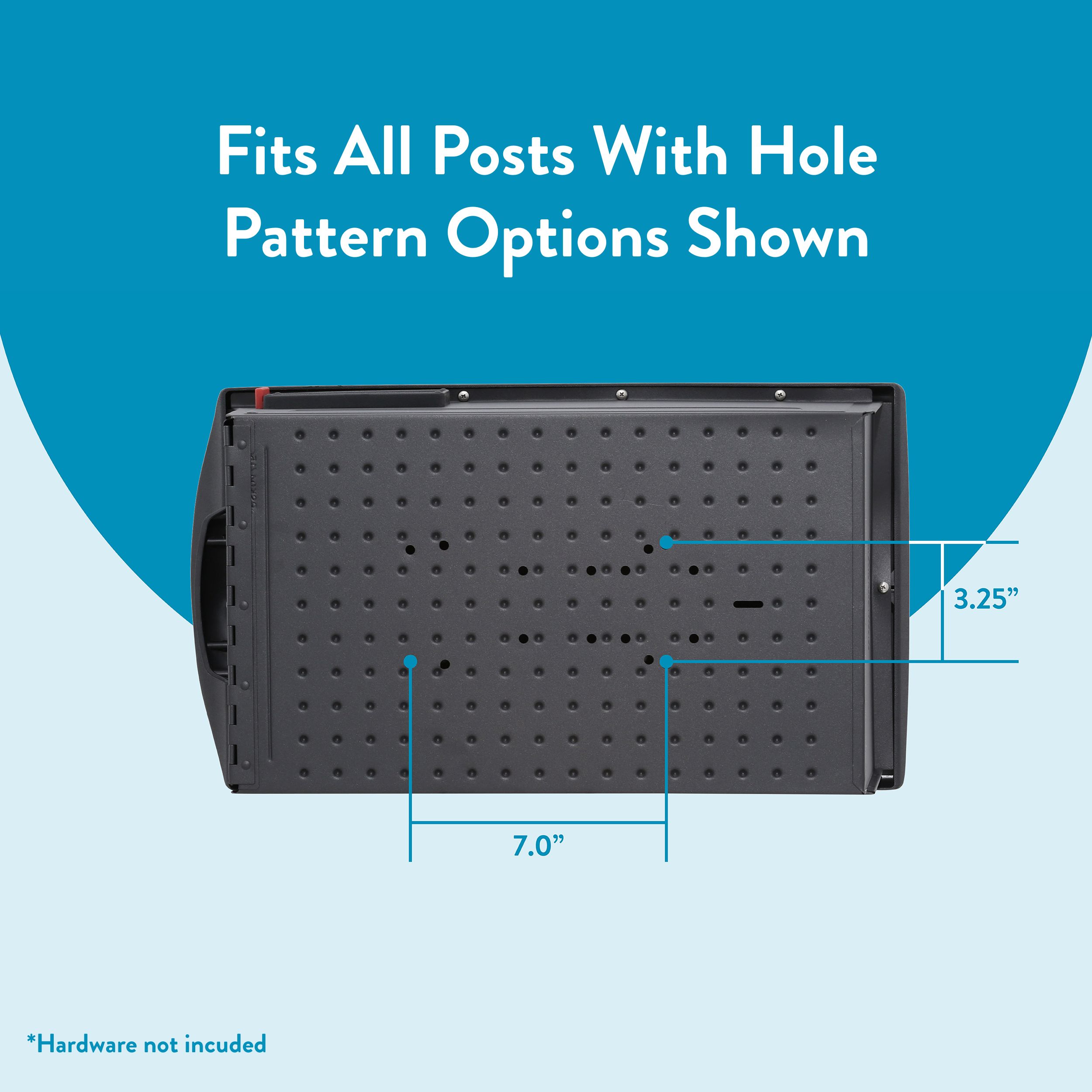Product diagram showing a perforated mounting plate with hole pattern options; marks show 7.0" width and 3.25" height; note: hardware not included.