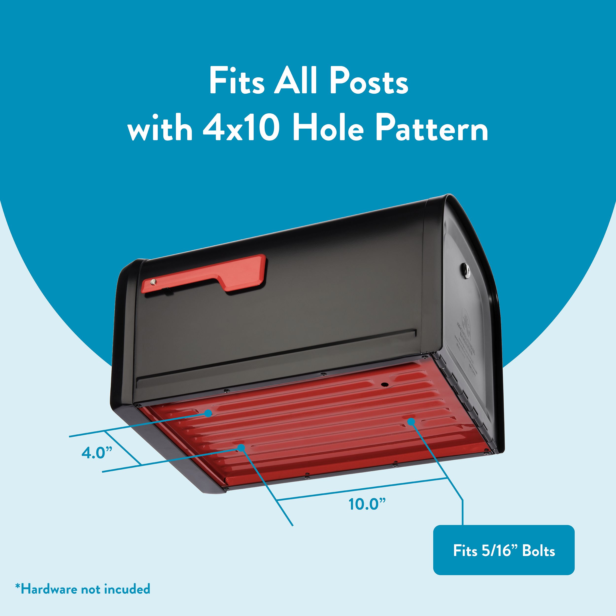 Black mailbox with red underside panel, showing a 4x10 bolt hole pattern; dimensions 4.0" (vertical) and 10.0" (horizontal); text notes: 'Fits All Posts with 4x10 Hole Pattern' and 'Fits 5/16" Bolts' (hardware not included).