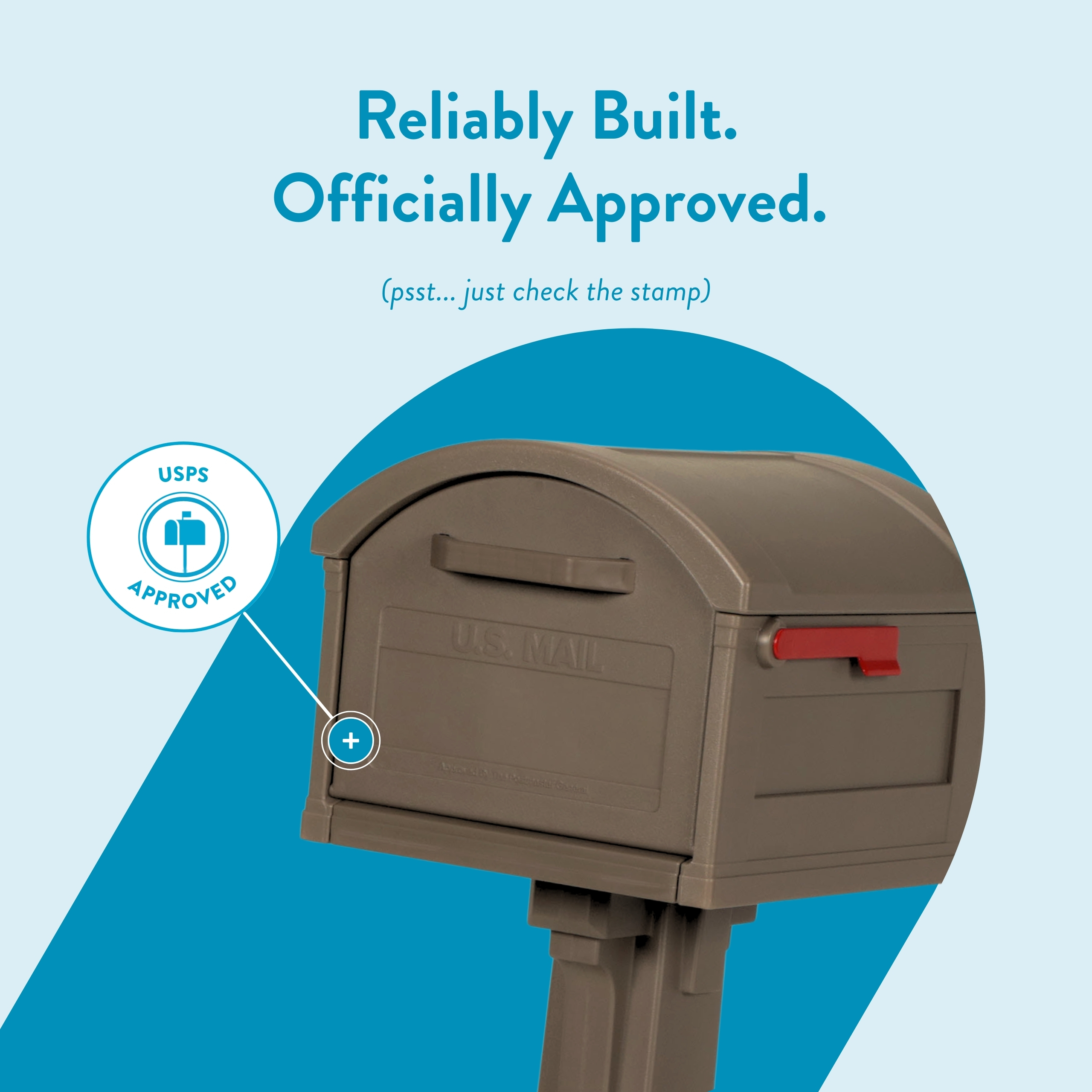 Promotional poster for a USPS-approved mailbox: a brown curbside mailbox on a post with an 'Approved' seal and a blue backdrop, plus the headline text above.