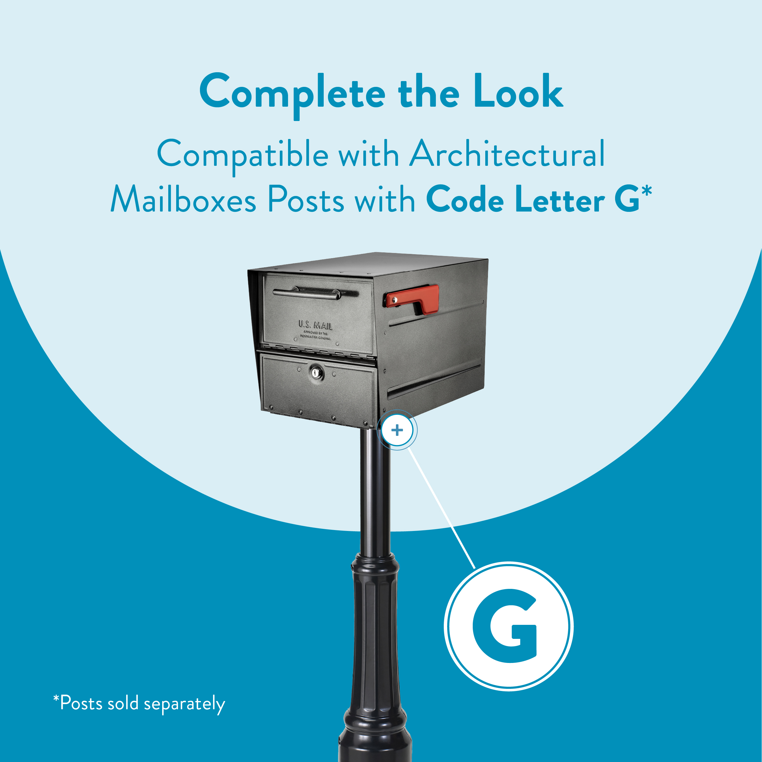 Promotional banner showing a mailbox on a post with a blue background and a large 'G' code badge.