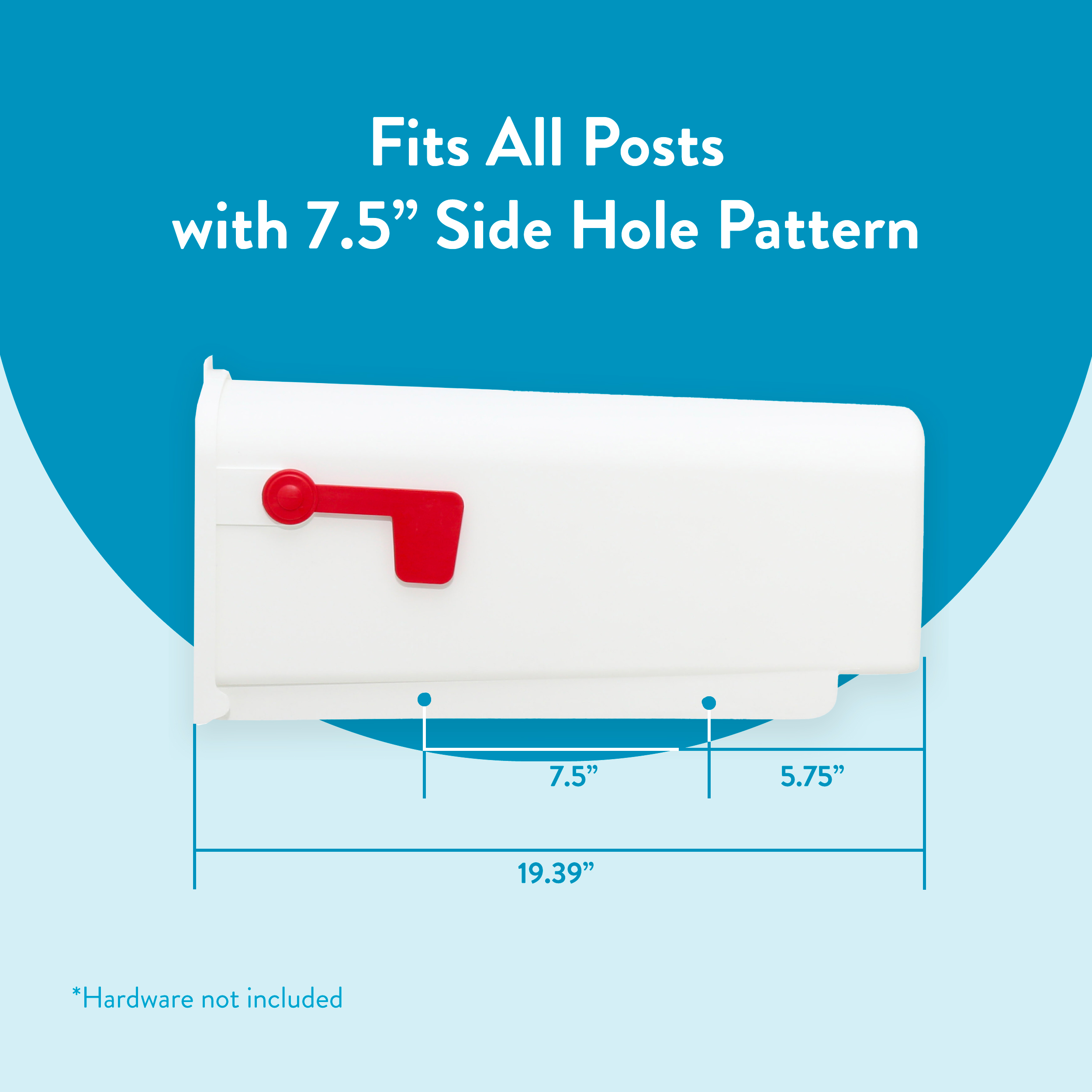 Product diagram of a white mounting bracket with a red lever, showing overall length 19.39 inches and side hole pattern measurements (7.5” and 5.75”); note: hardware not included.