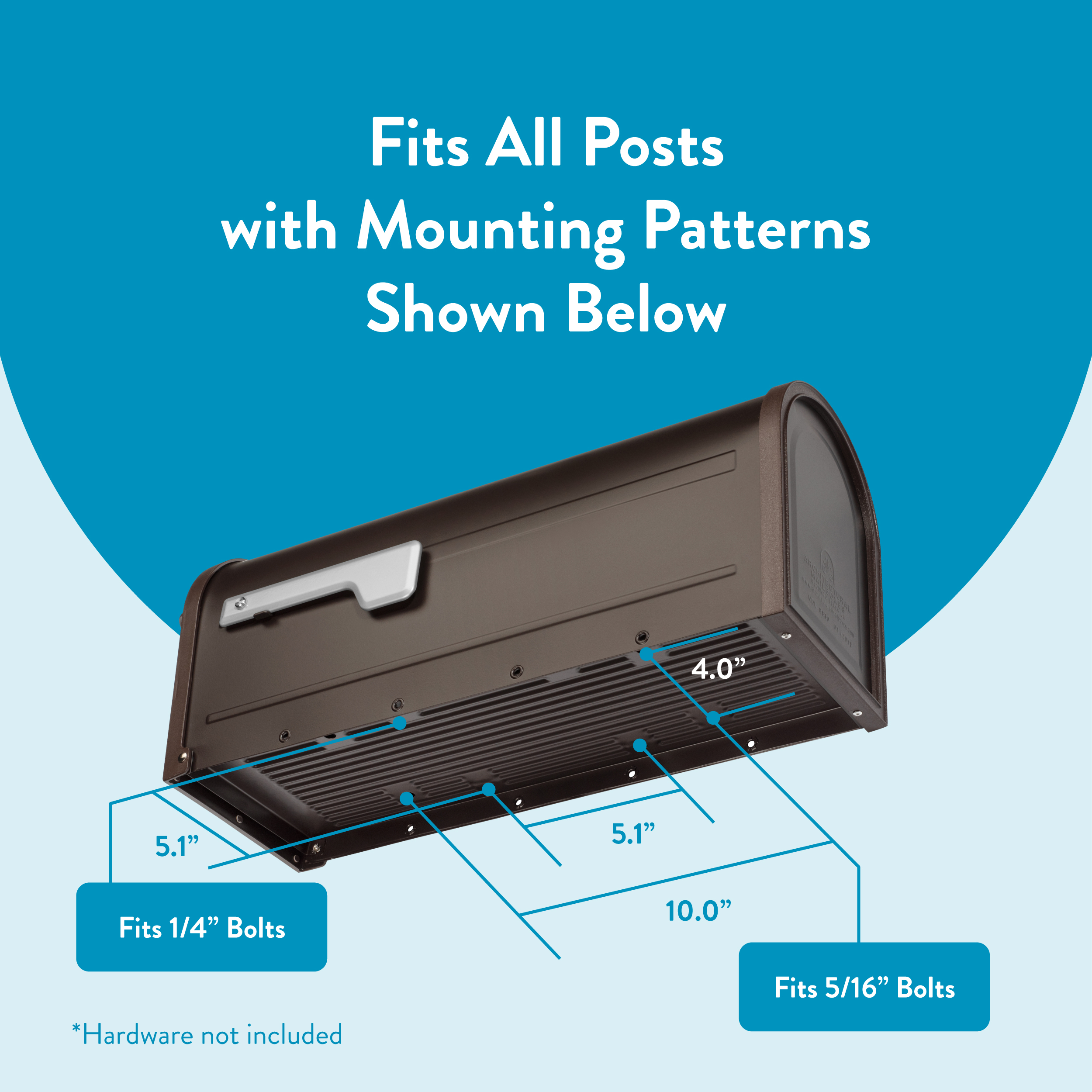 Infographic of a mailbox showing mounting pattern and dimensions: 10.0" wide, 4.0" spacing, 5.1" offsets; supports 1/4" or 5/16" bolts; hardware not included.