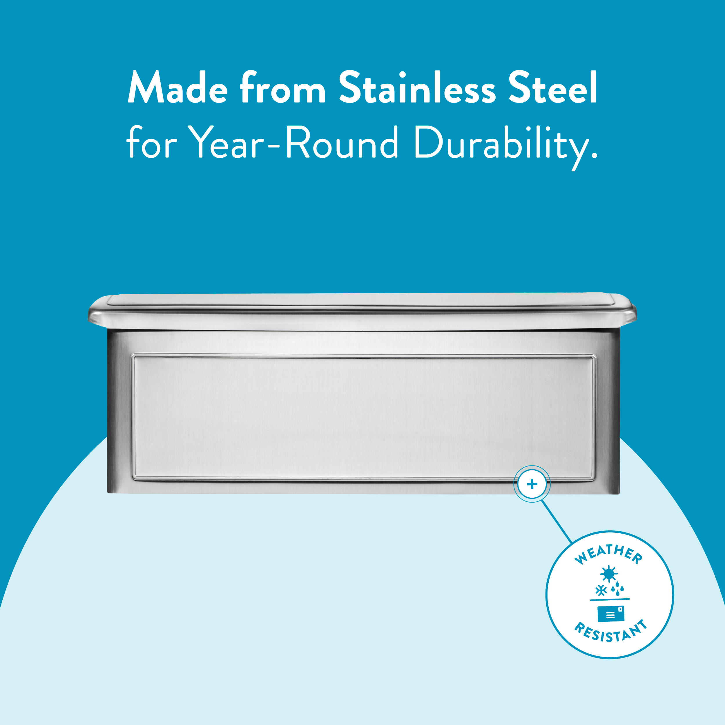 Stainless steel mailbox on a blue background with the text 'Made from Stainless Steel for Year-Round Durability' and a weather-resistant badge in the lower-right corner.