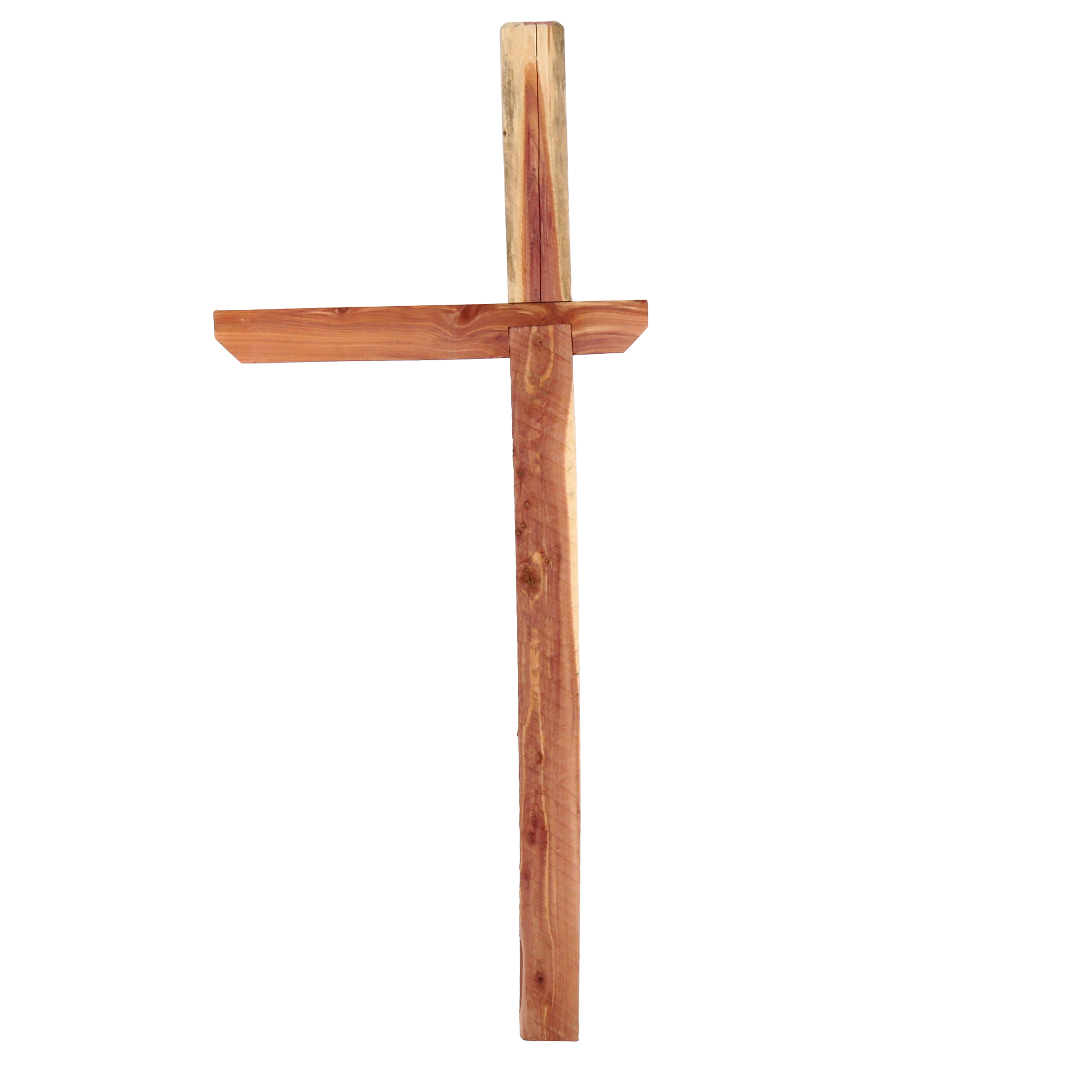 Wooden cross made from rough-hewn beams against a white background