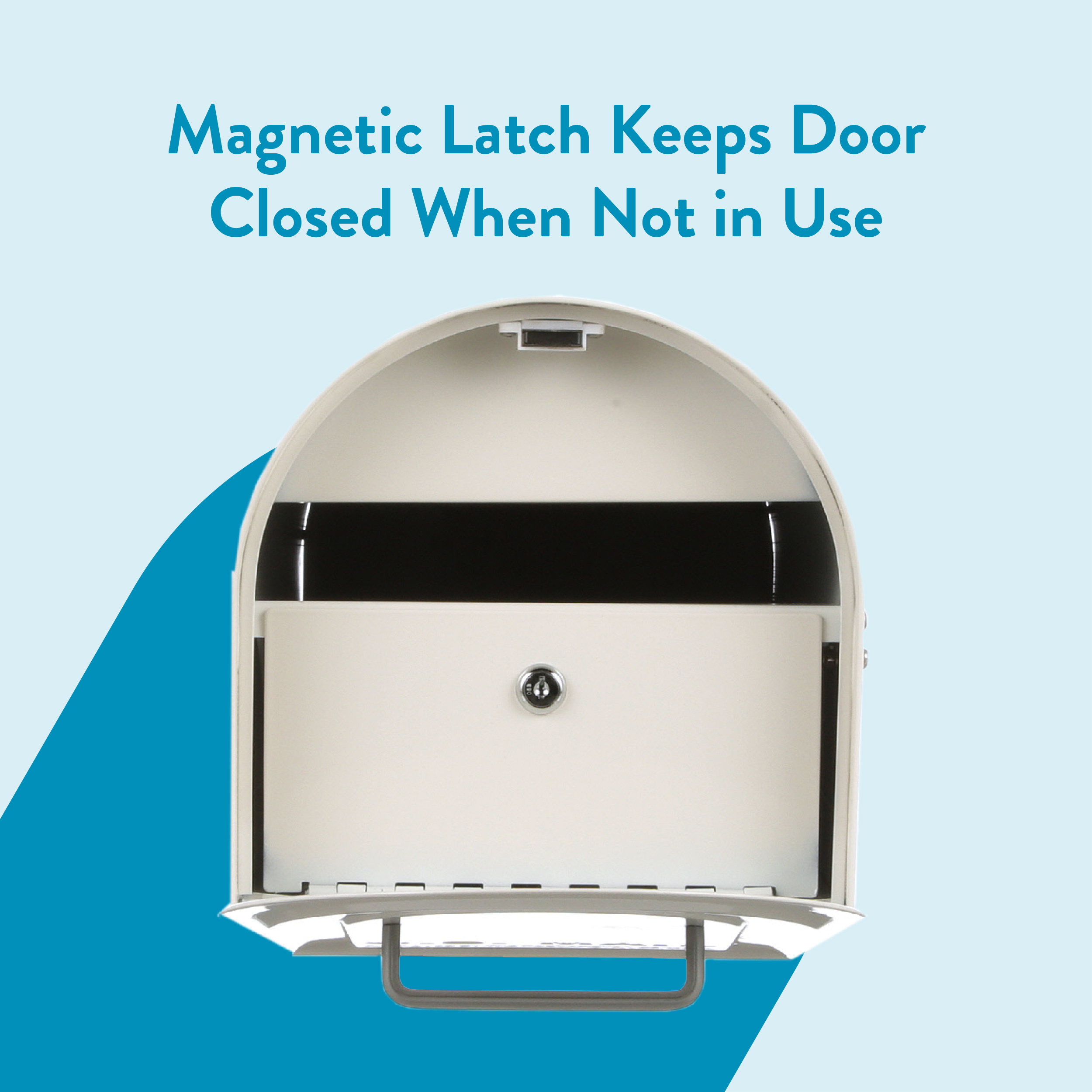 Mailbox with its front door slightly open, highlighting the magnetic latch that keeps the door closed when not in use, set against a light blue background with teal shapes and bold text announcing the feature.