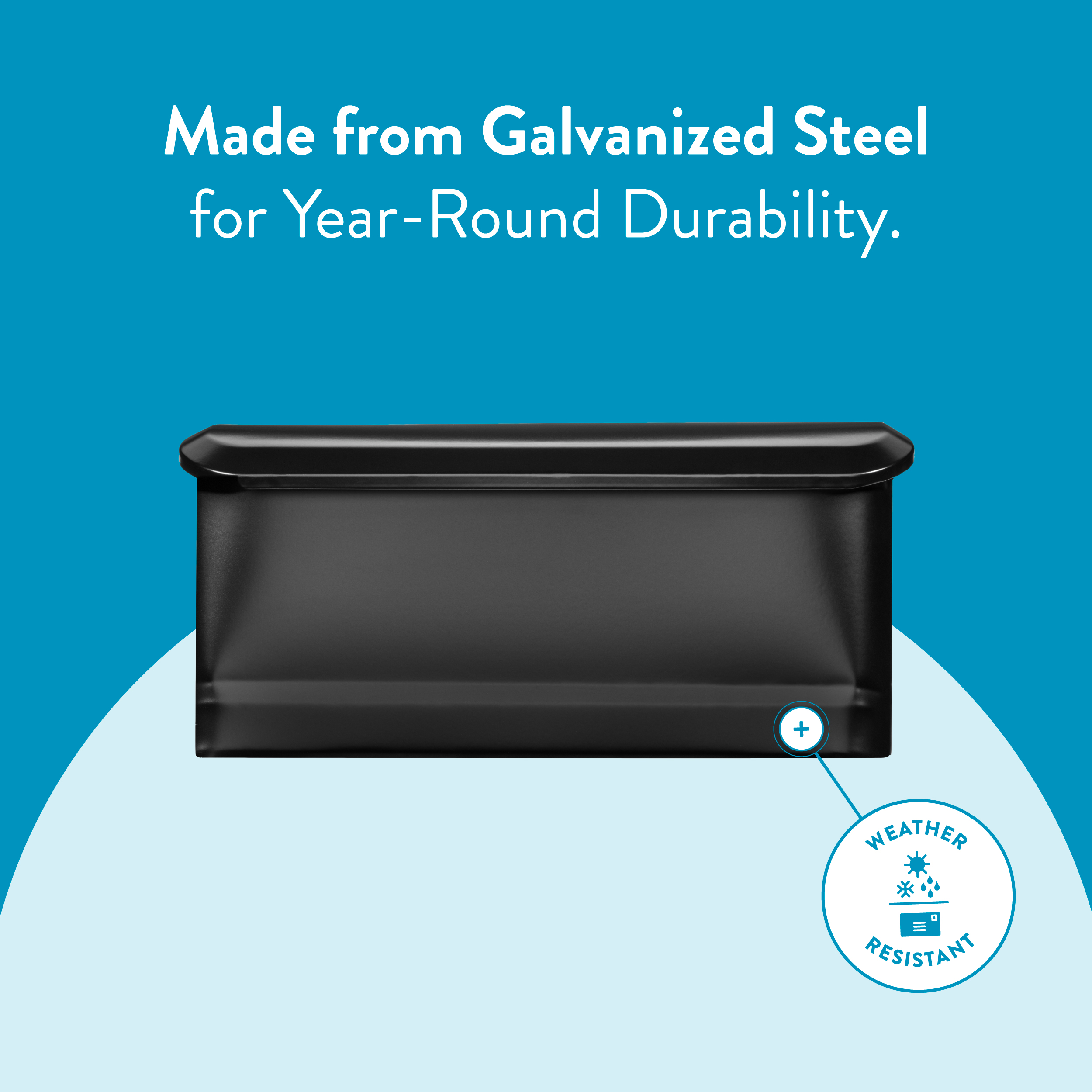 Ad banner showing a black galvanized steel container with the slogan 'Made from Galvanized Steel for Year-Round Durability' and a weather‑resistant badge.