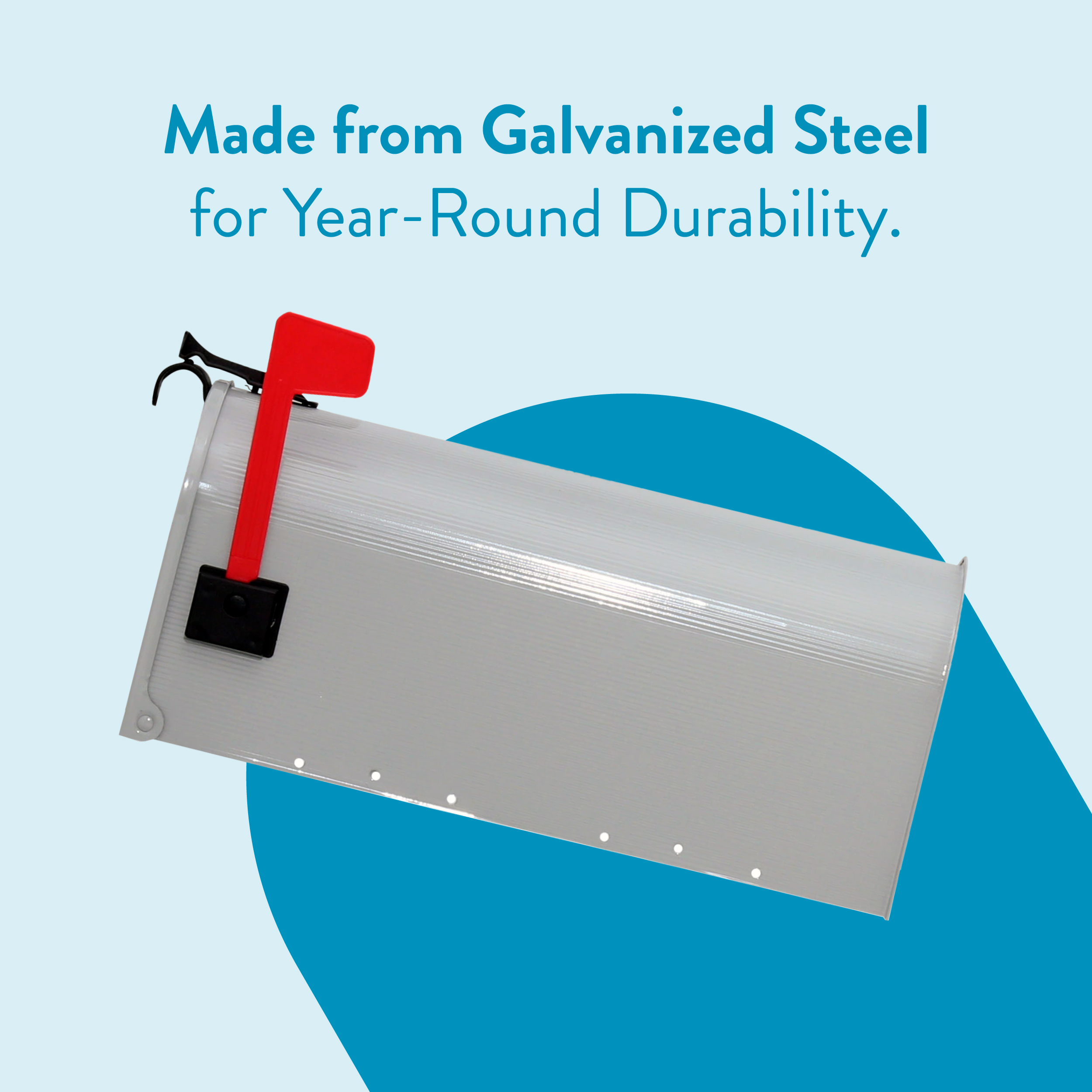 Handheld tool with a red handle clamped to a galvanized steel sheet against a pale blue background, highlighting durability.