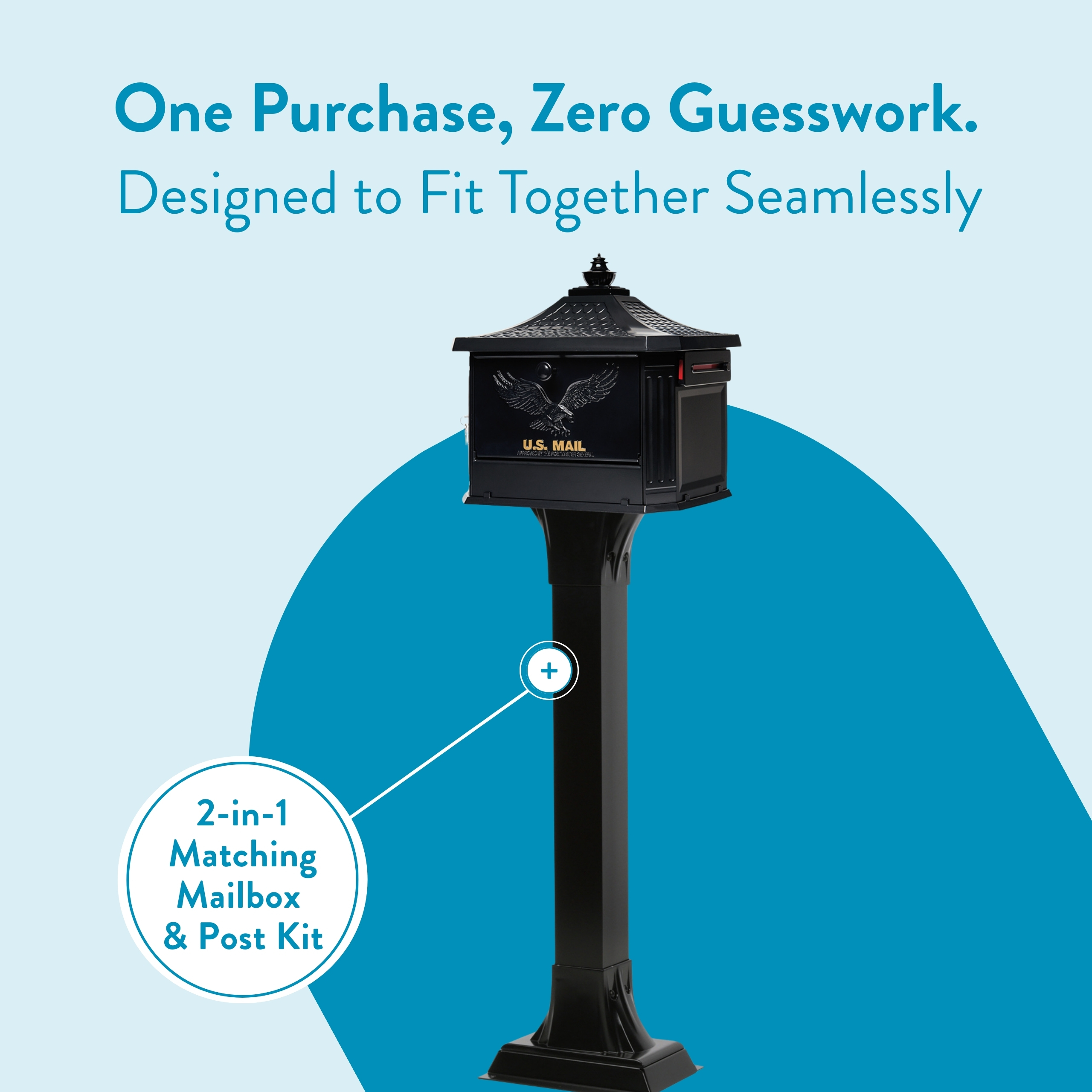 Promotional image of a black mailbox on a post with a blue background and a circular badge reading '2-in-1 Matching Mailbox & Post Kit'.