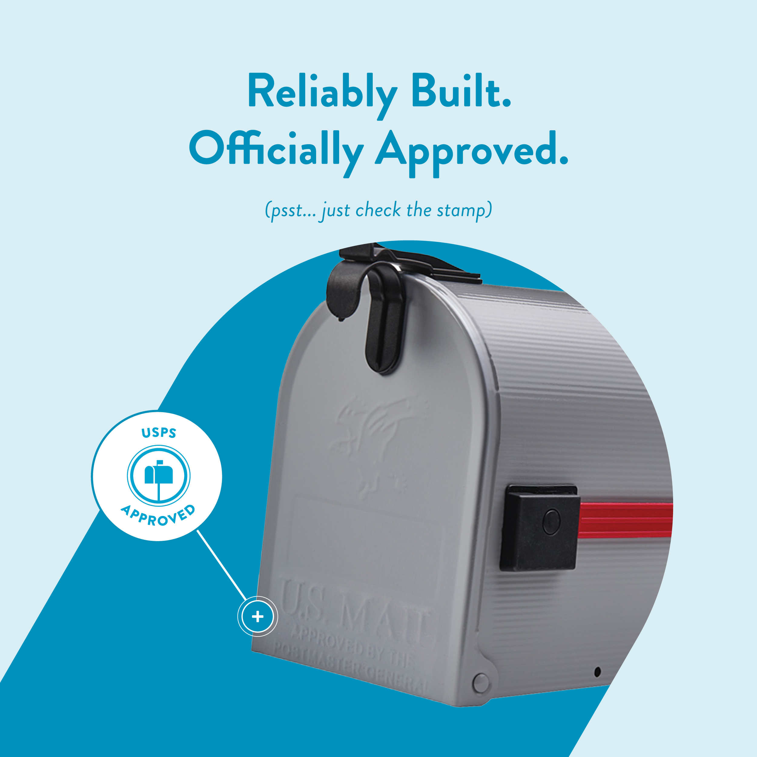 Gray metal mailbox with a red latch on a blue curved backdrop; prominent USPS Approved seal and caption about checking the stamp.