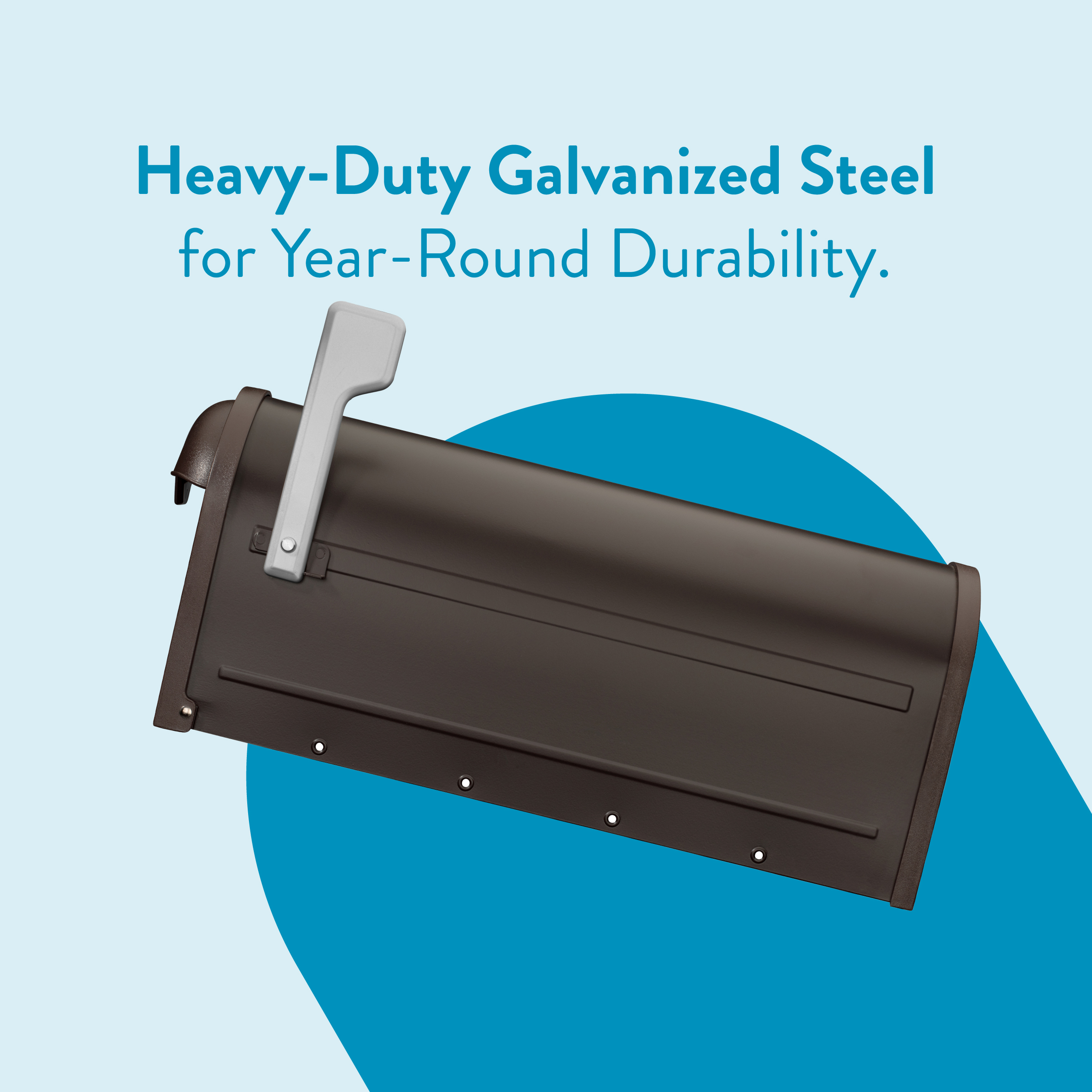 Durable heavy-duty galvanized steel mailbox with a silver lever handle, set against a blue background.