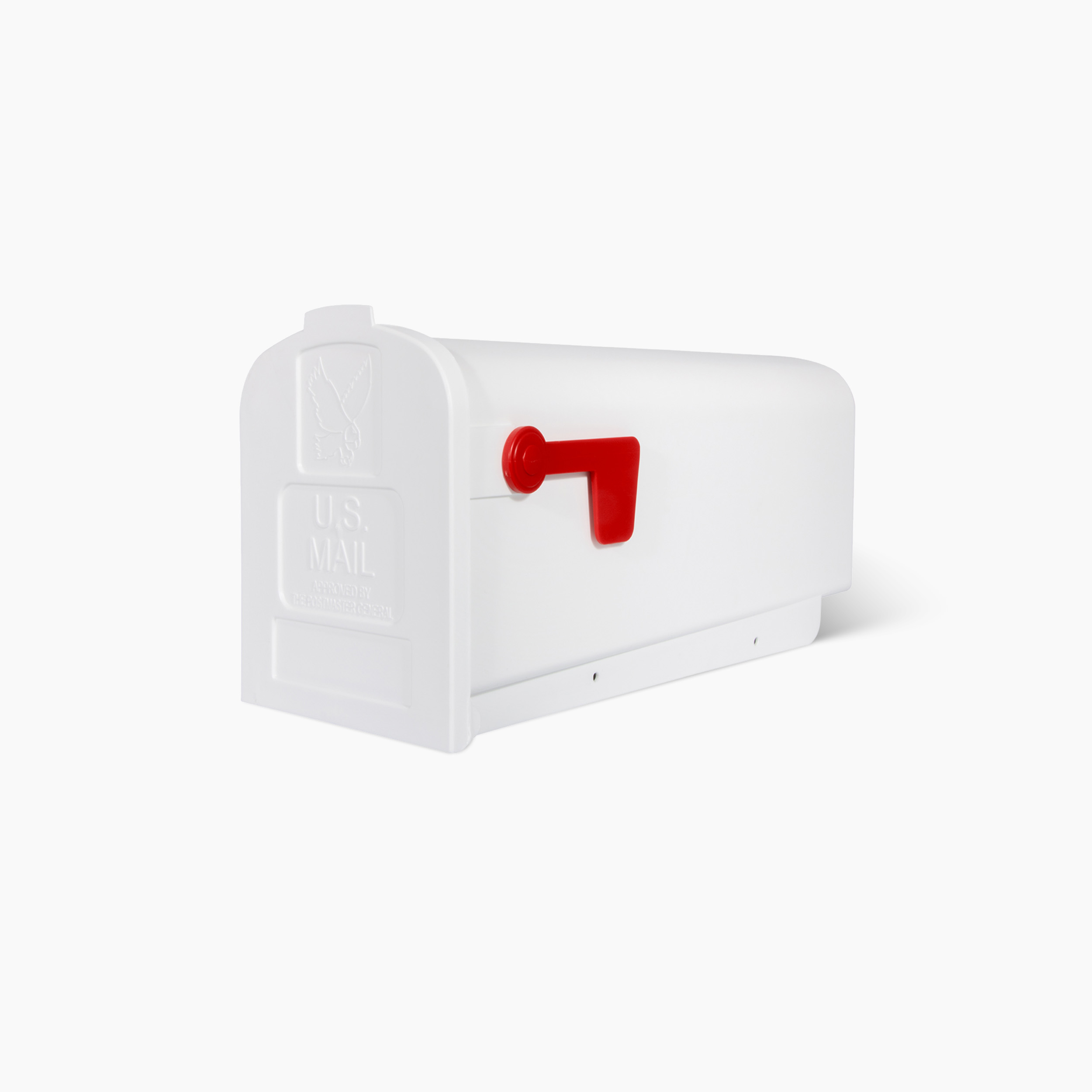 White plastic mailbox with a red raised flag, viewed from the side against a white background.