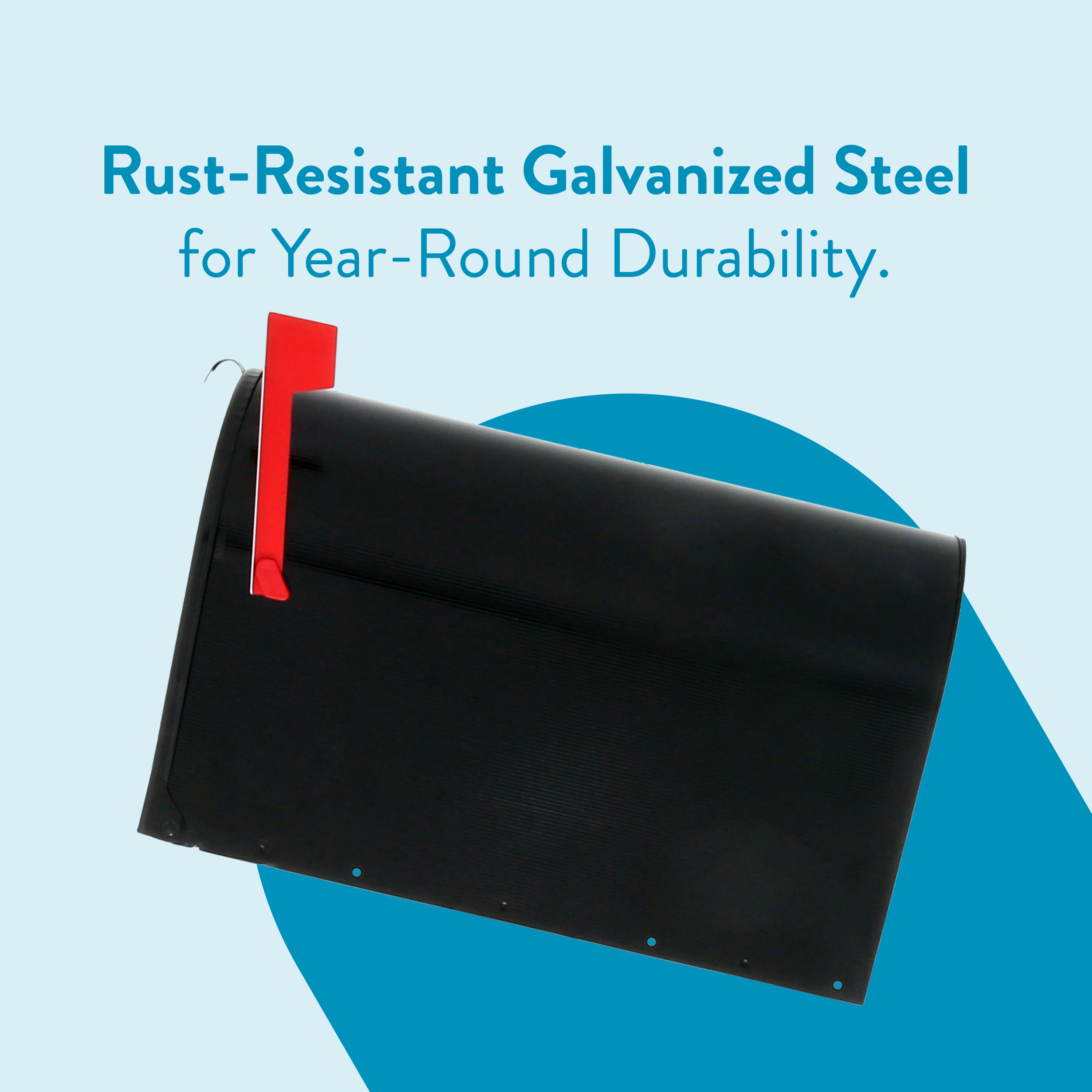 Advertisement: black binder with a red clip on a light-blue background, with the headline 'Rust-Resistant Galvanized Steel for Year-Round Durability.'