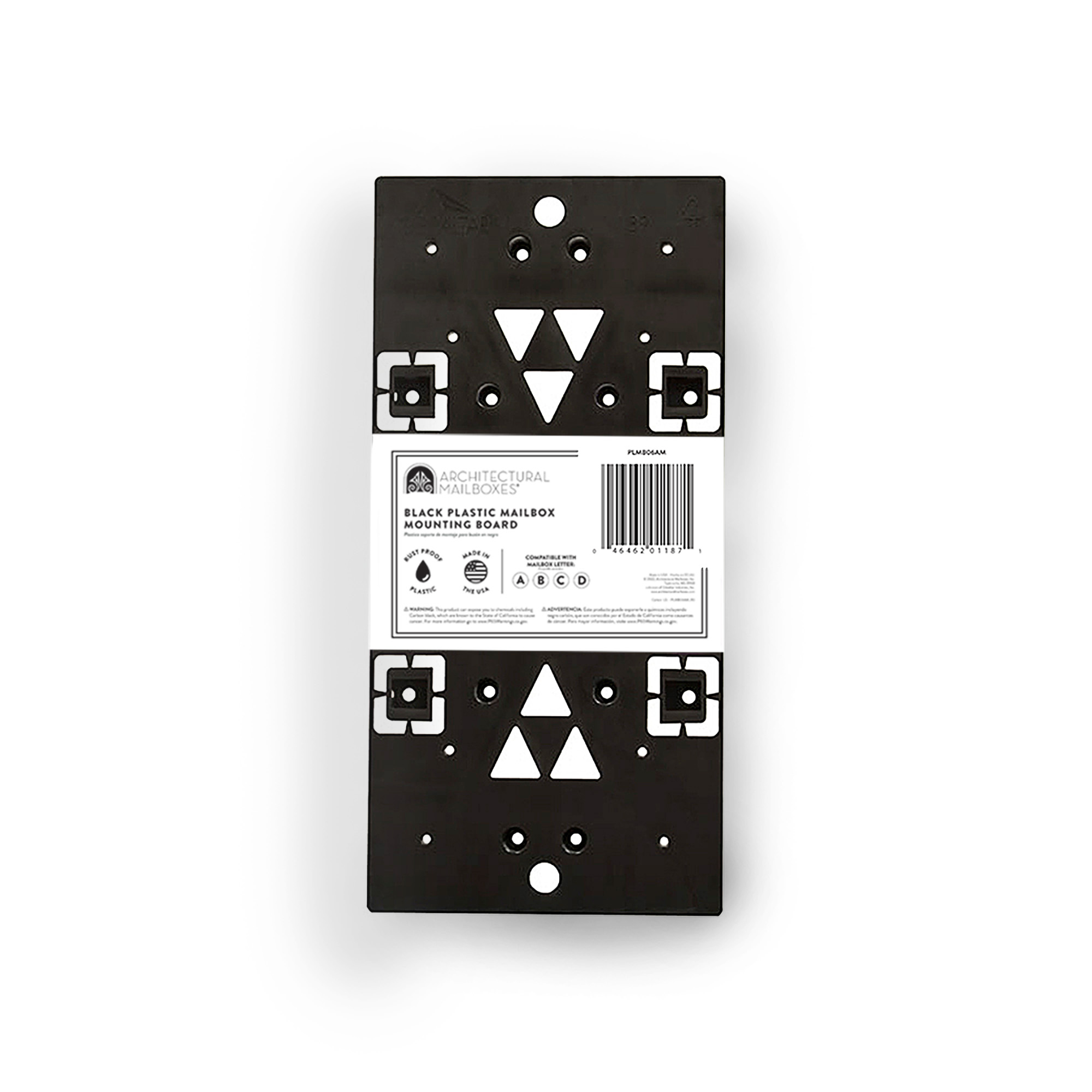 Black plastic mailbox mounting board with white geometric cutouts and a central product label area (Architectural Mailboxes).